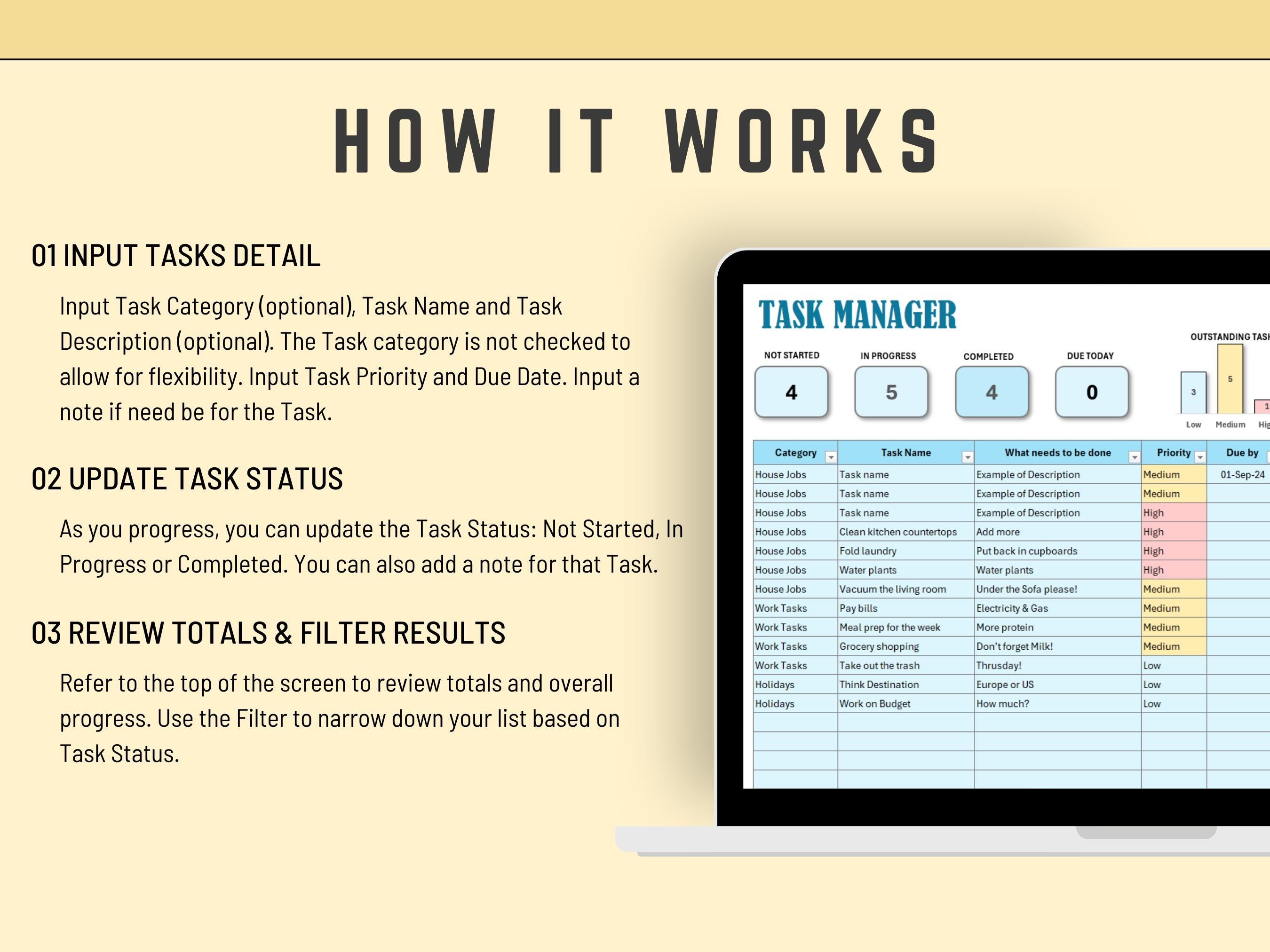 Professional Excel template featuring automated priority settings and task categorization.