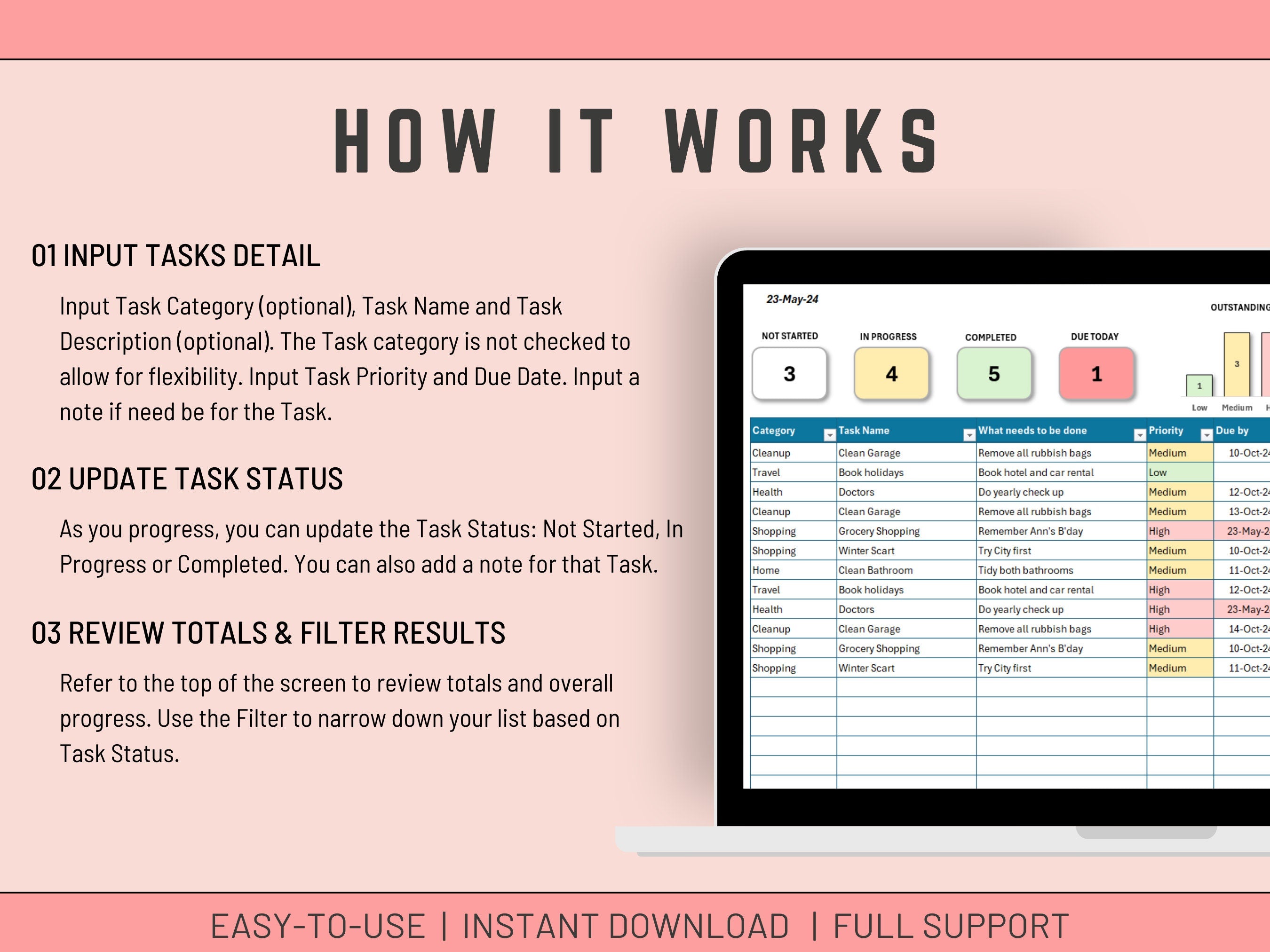 Automated Excel task manager dashboard showing totals for outstanding and completed items.