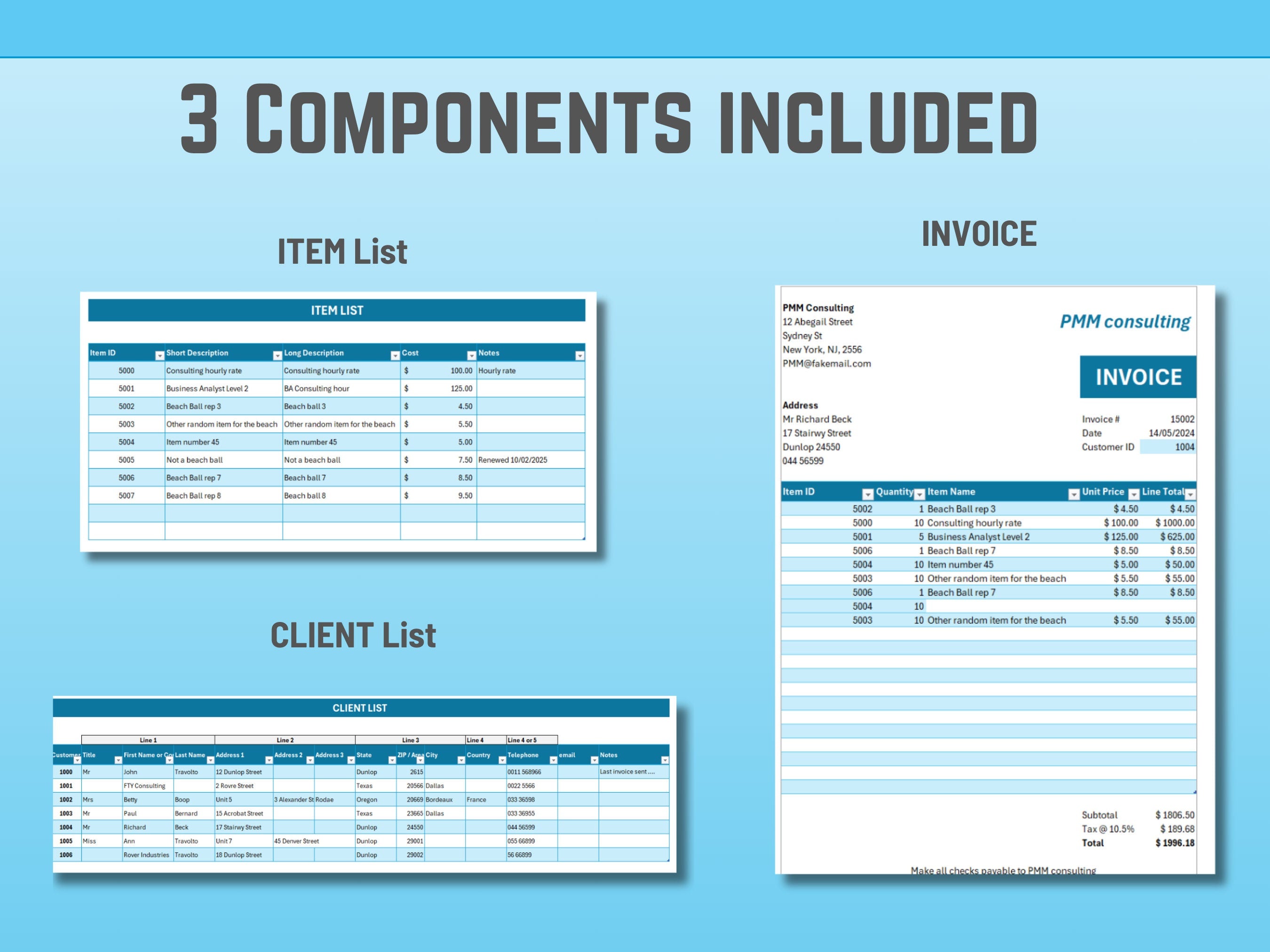 Excel Invoice Template: Client & Product List, Small Business Accounting (Digital Download)
