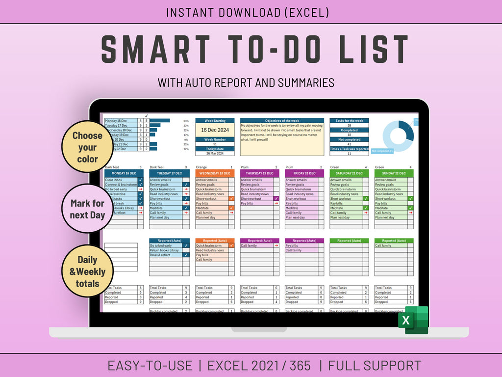 Weekly To-Do List with Automated Backlog in Excel | Planner | Weekly Planner Template | Color Coded Digital Product