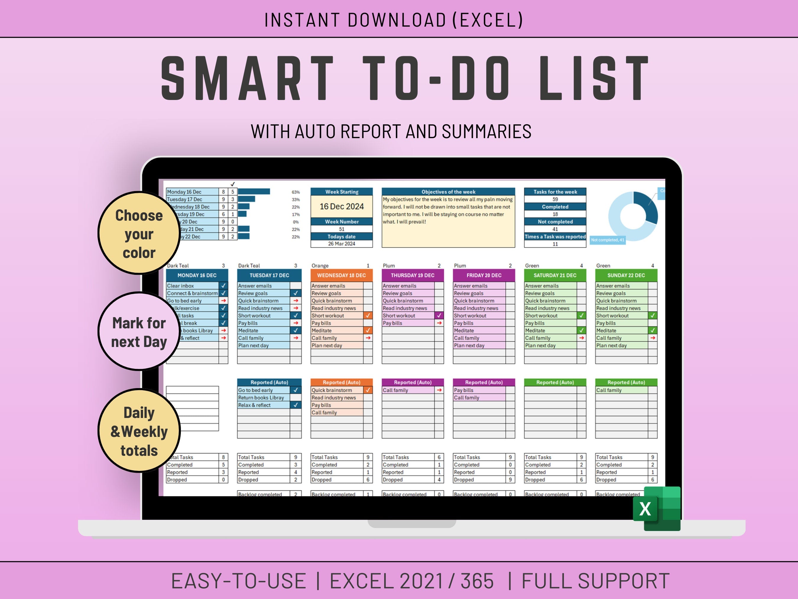 Weekly To-Do List with Automated Backlog in Excel | Planner | Weekly Planner Template | Color Coded Digital Product