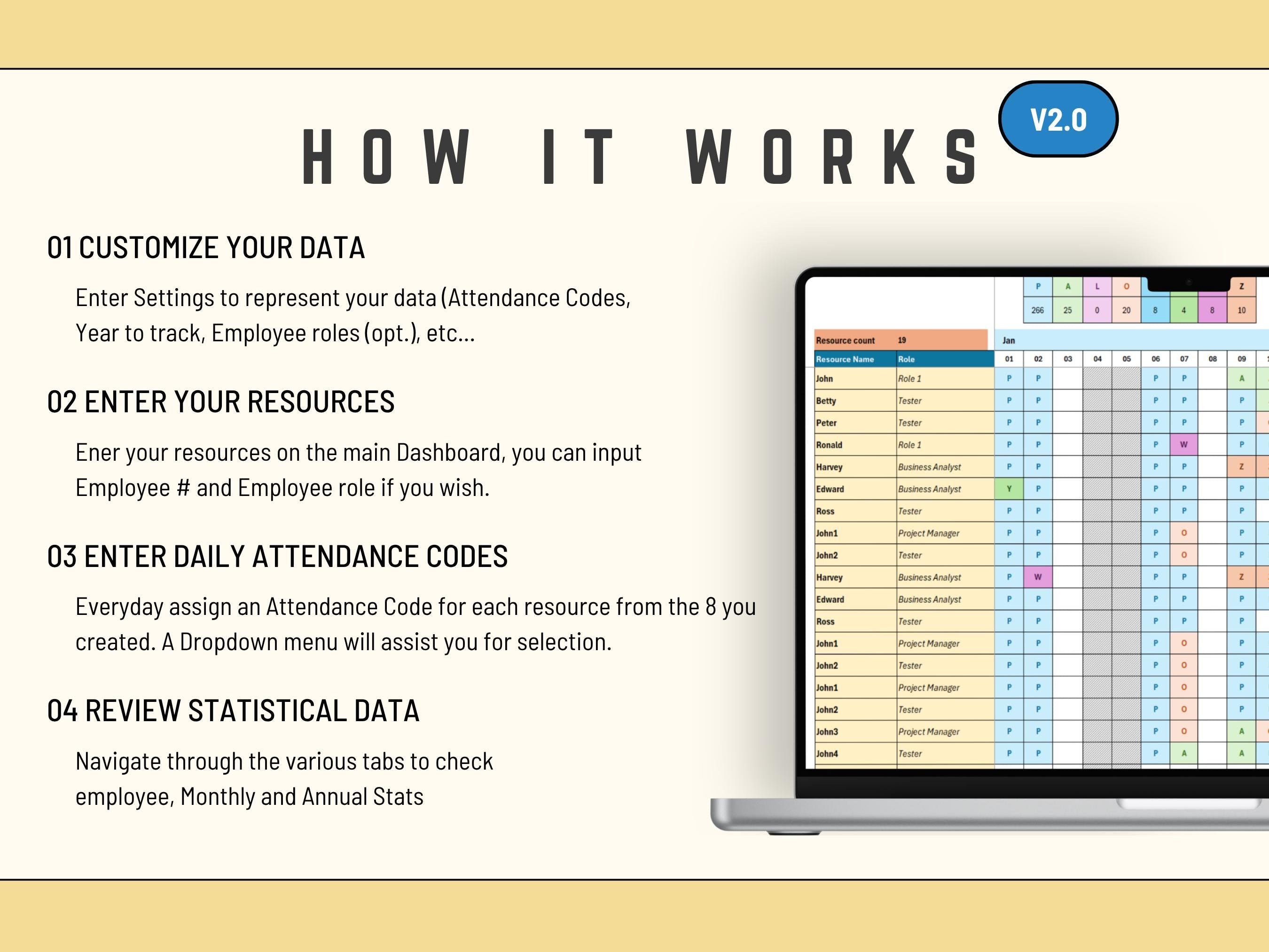 Excel Attendance Tracker v2: Automated & Customizable (Digital Download); Attendance Sheet and Resource Management, Leave Resource Planner