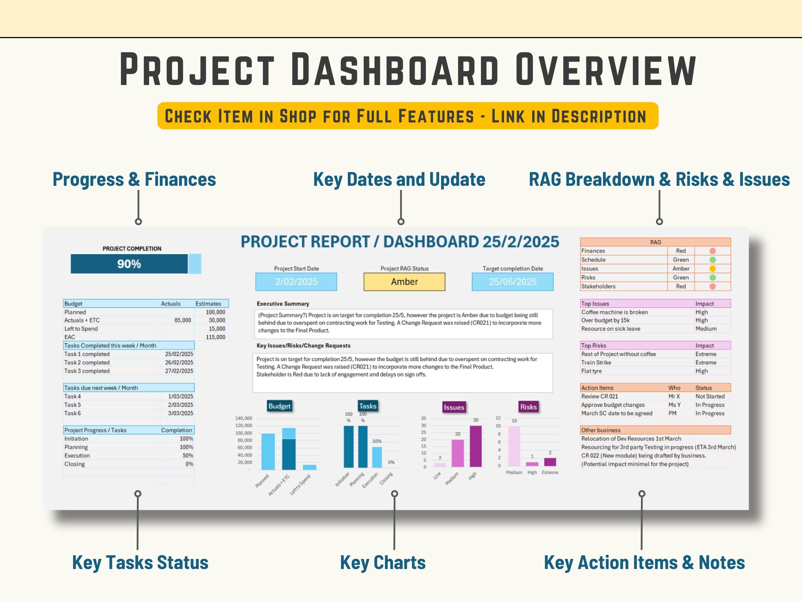 Excel Project Management Pack, Project Status Dashboard, Risk Register and Issue Log