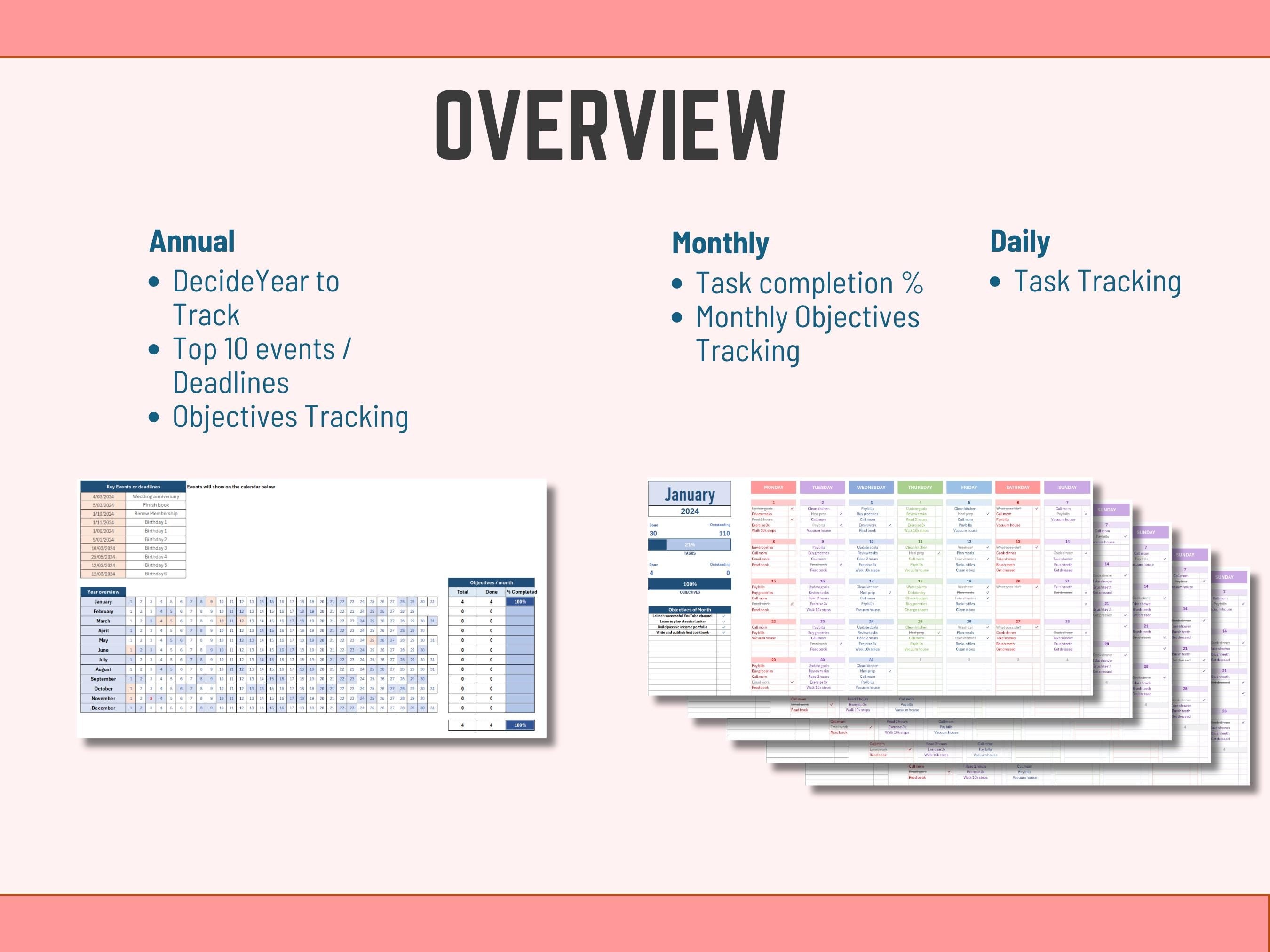 Digital 12 Monthly Planner & Goal Tracker, Excel Template Spreadsheet, Annual Planning System, Customizable Calendar, Instant Download 2025+