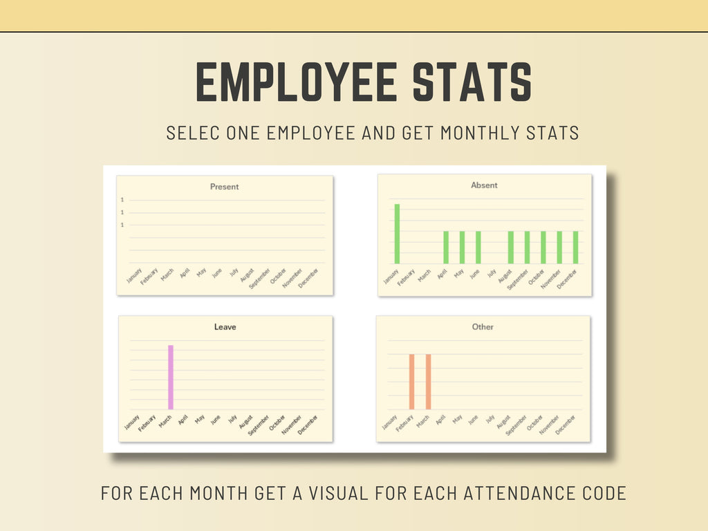 Customizable Excel tool for monitoring employee attendance with up to 8 distinct status codes.