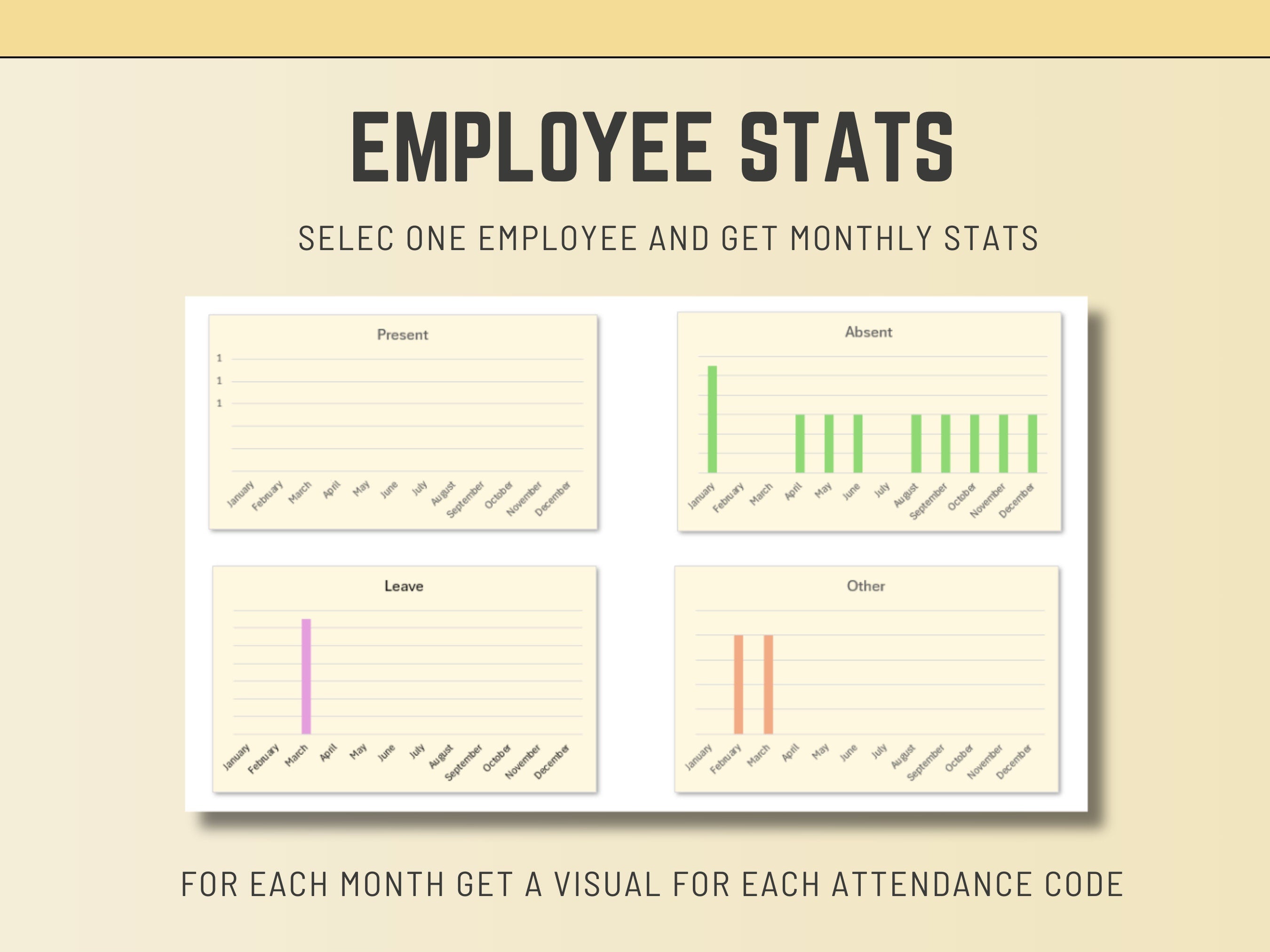 Customizable Excel tool for monitoring employee attendance with up to 8 distinct status codes.
