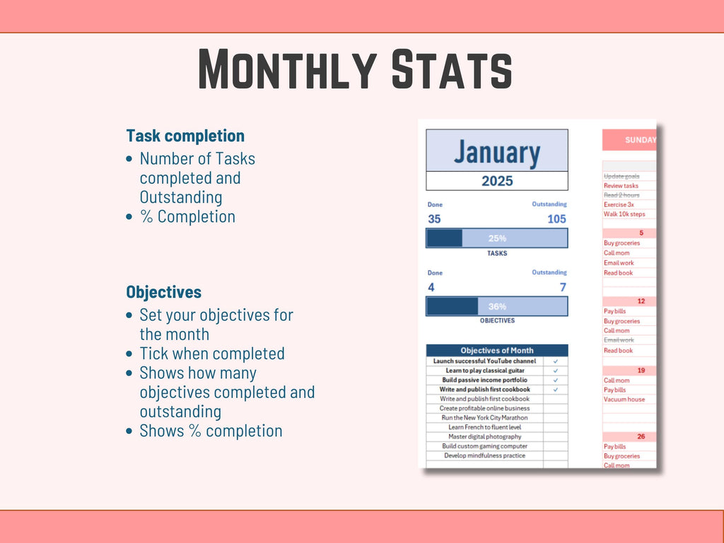 Daily task management interface in Excel with color-coded organization and automated status stats.