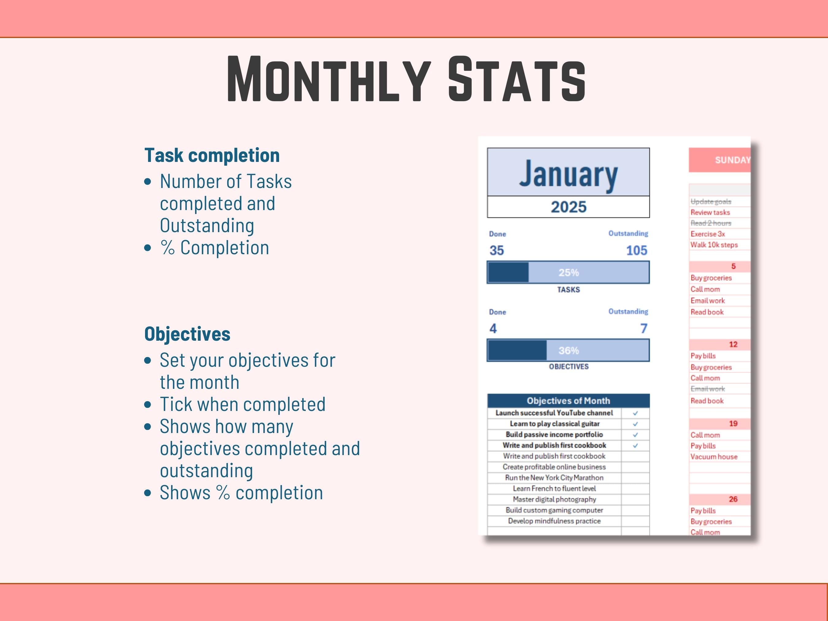 Daily task management interface in Excel with color-coded organization and automated status stats.