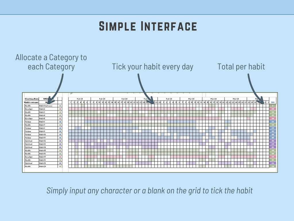 Color-coded habit tracking grid in a customizable Excel template for personal development.