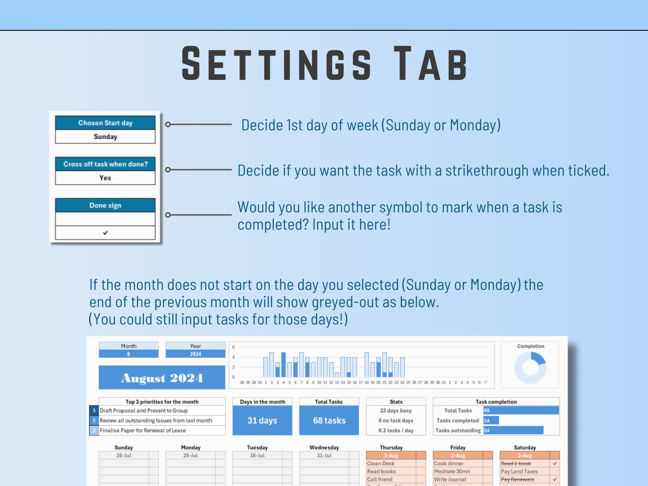 Customizable Excel monthly productivity template with color-coded categories and progress bars.