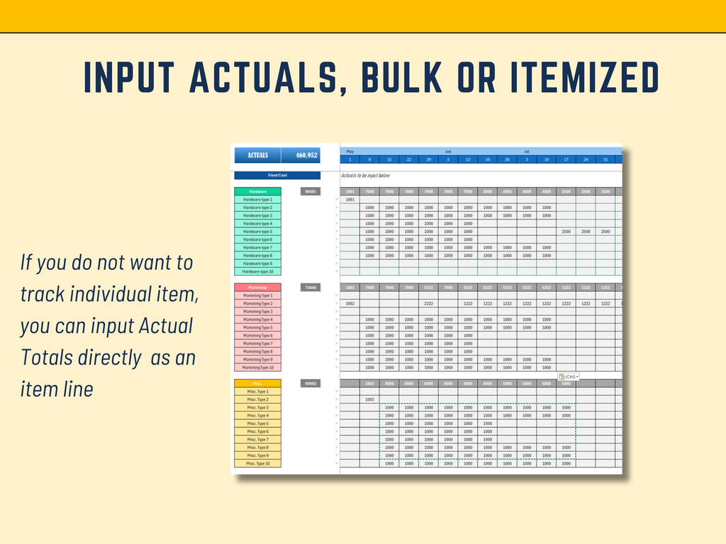 Excel Project Budget tracker Excel Template with Actuals, Resourcing, Fixed Cost, Time and Materials,  52 weeks, Sheet Automated Marketing