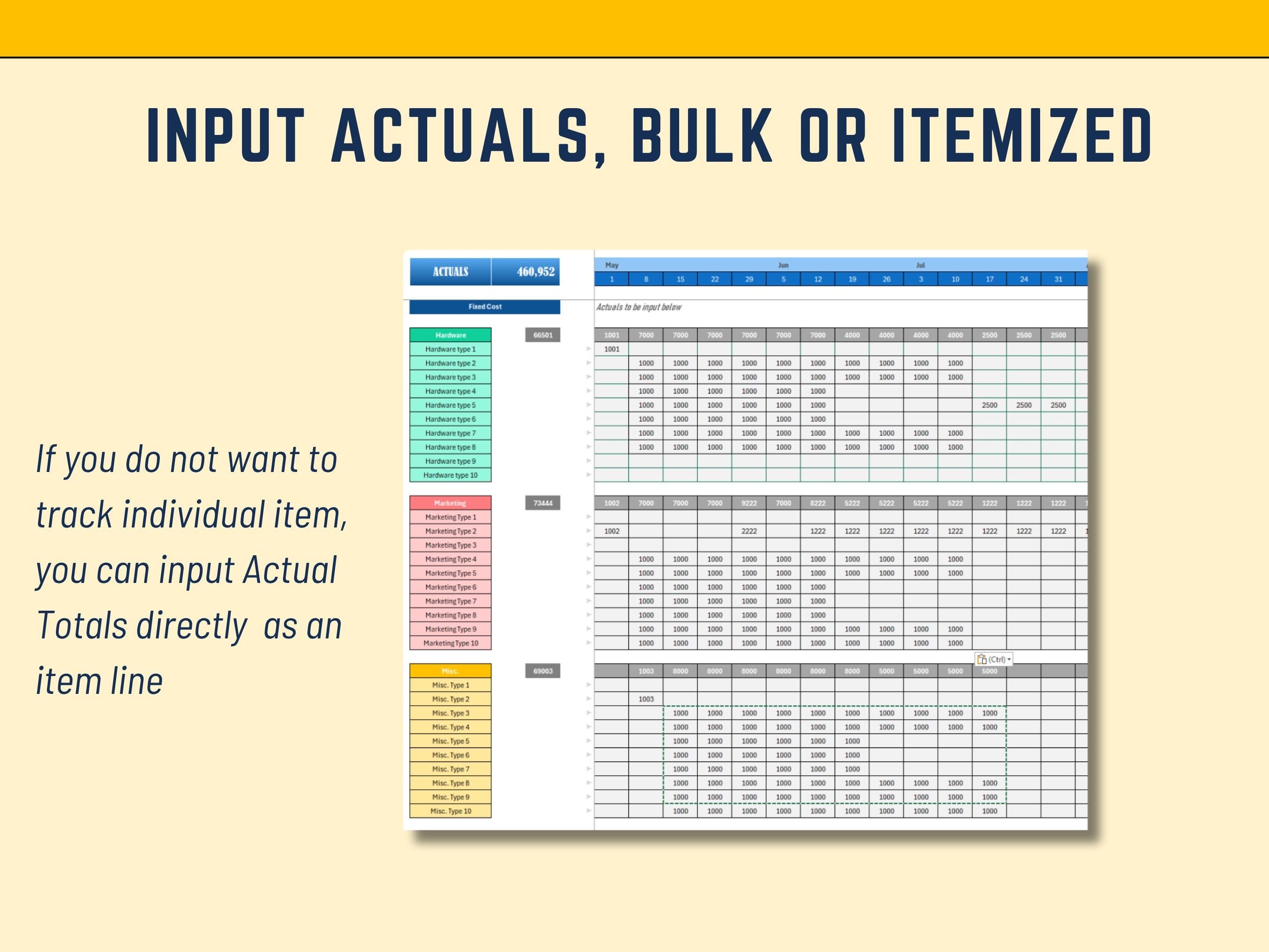 Excel Project Budget tracker Excel Template with Actuals, Resourcing, Fixed Cost, Time and Materials,  52 weeks, Sheet Automated Marketing