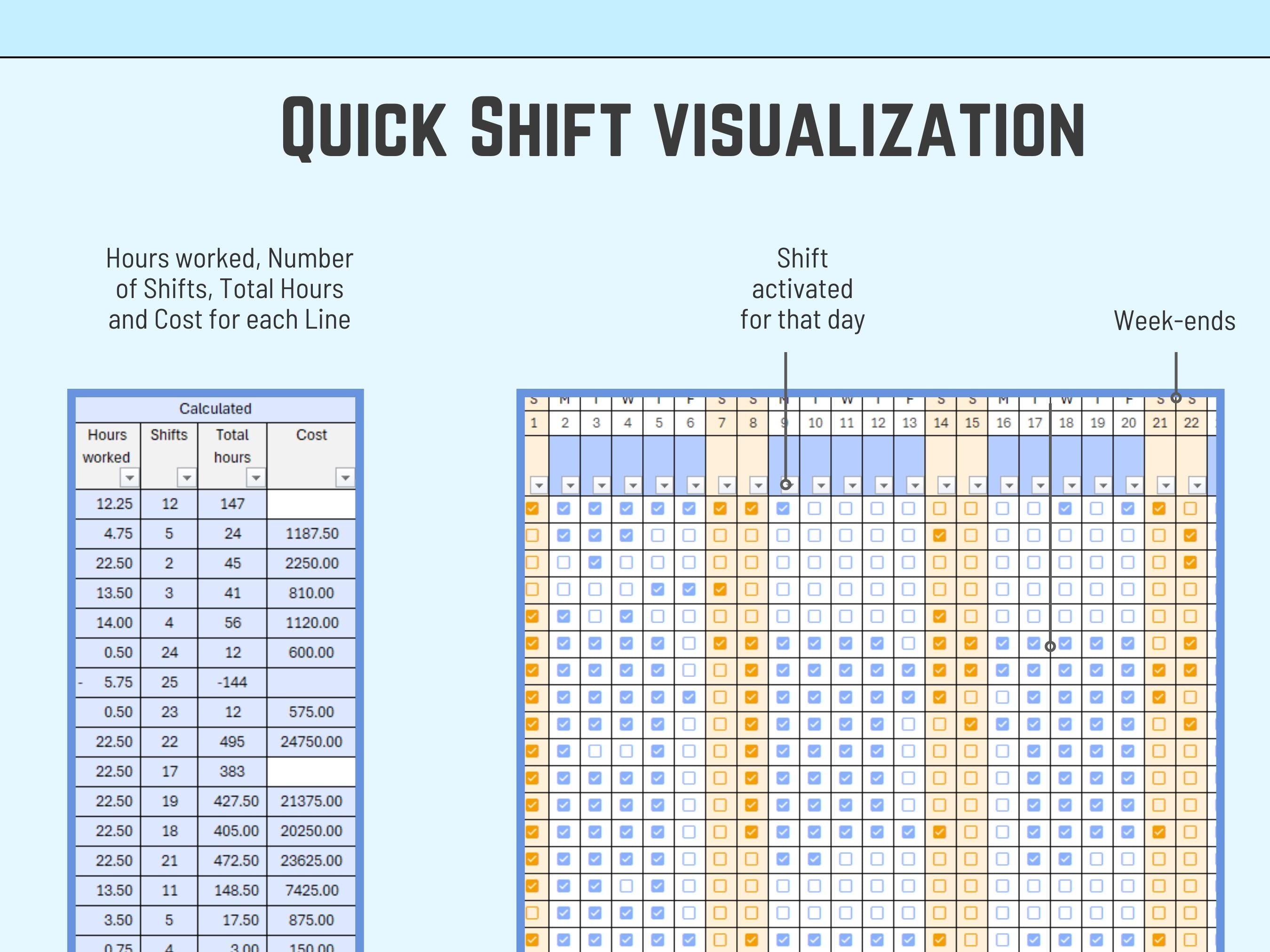 Monthly Excel Roster Template | Employee Shift Schedule, Staff Planner, Cost Calculator, Customizable Work & Student Schedule, Download