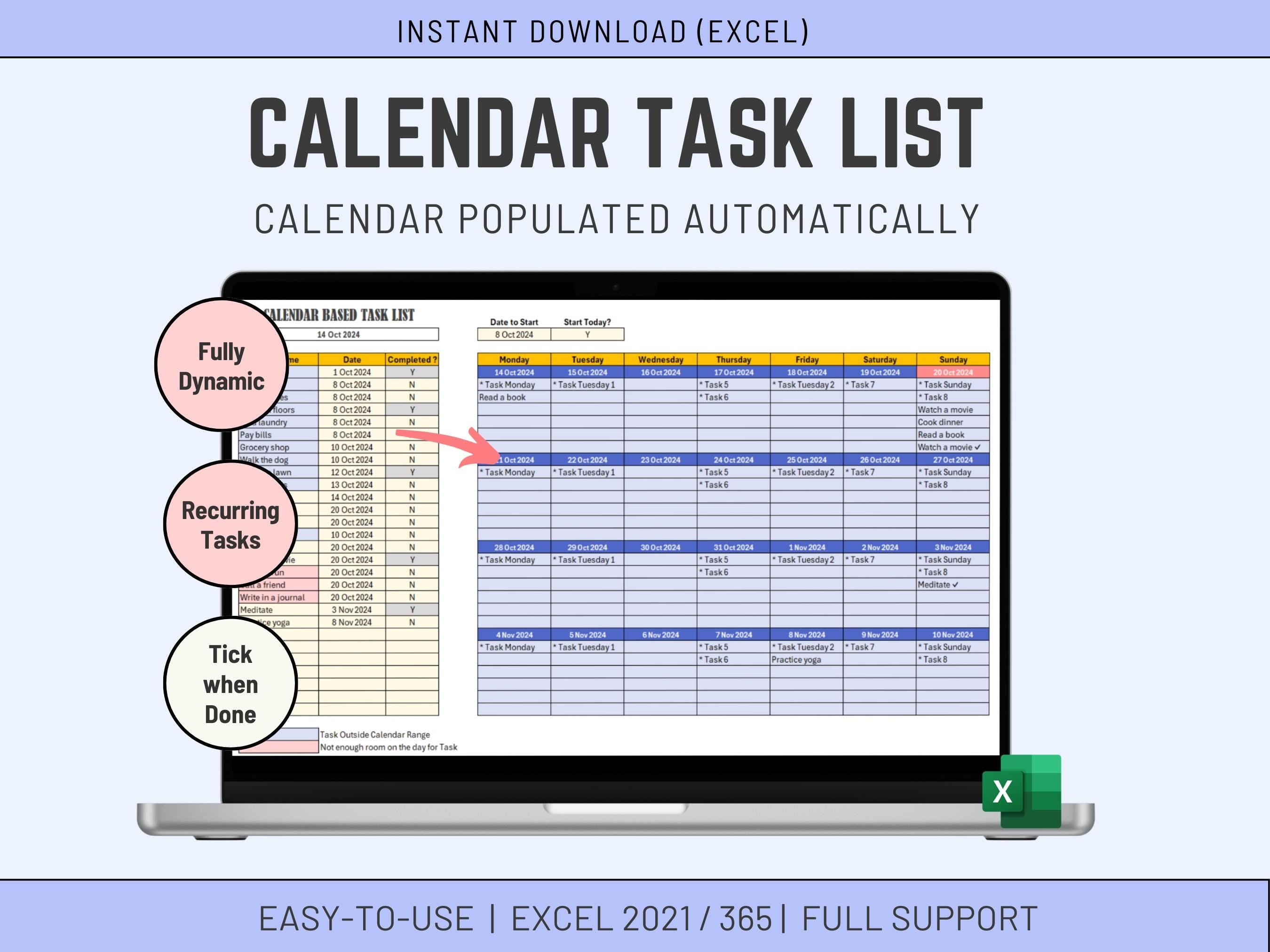 Excel Calendar Based Task List, Task Management Automated, Download Template, Task Tracker and To-Do List, Productivity and Project Mgt