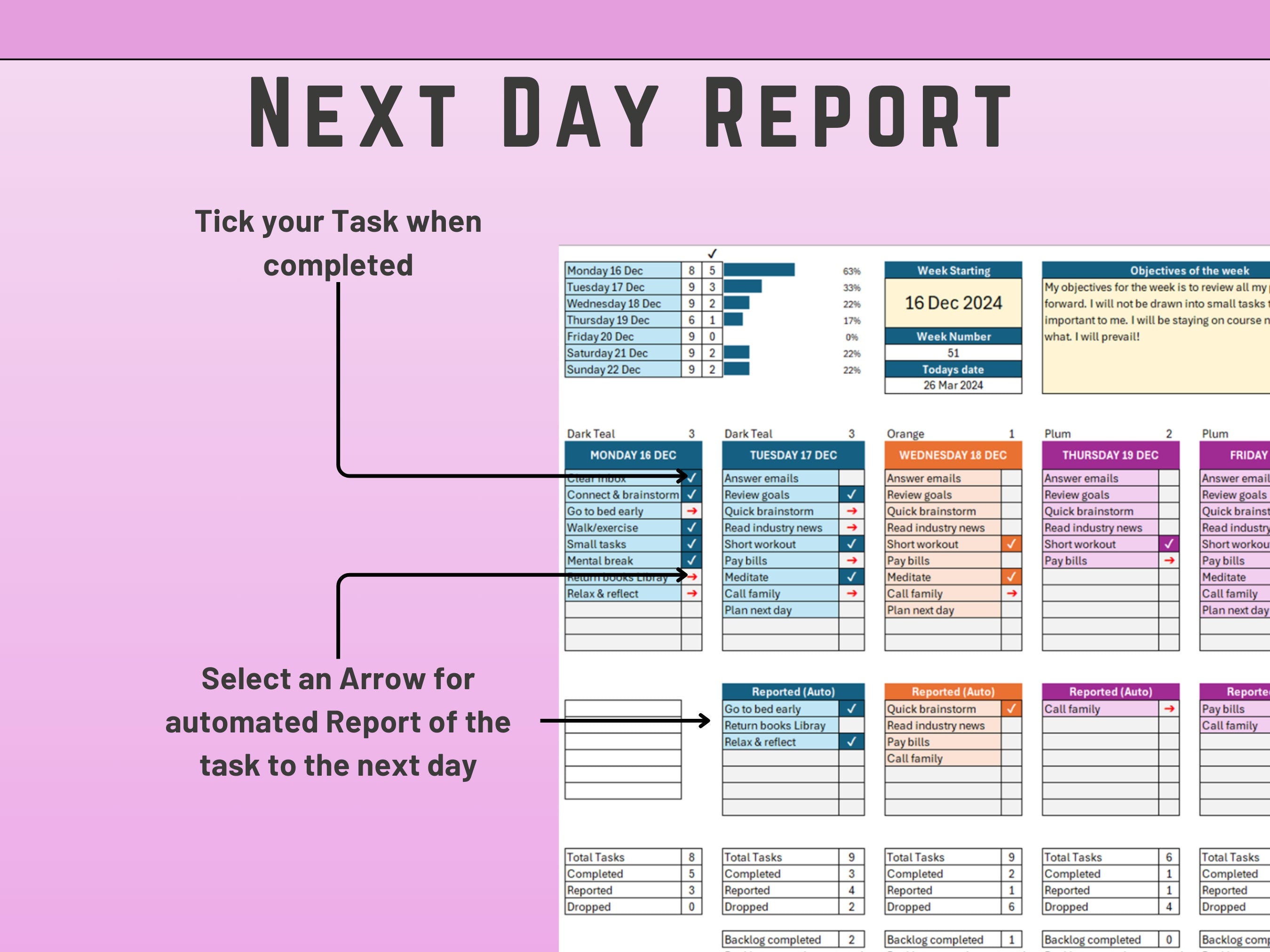 Weekly To-Do List with Automated Backlog in Excel | Planner | Weekly Planner Template | Color Coded Digital Product
