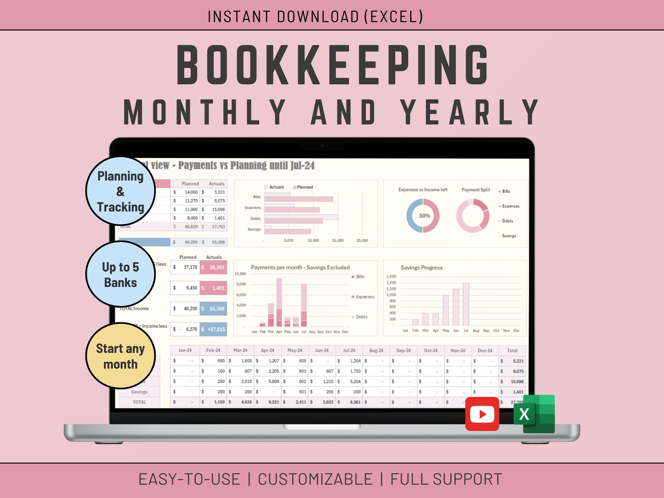 Excel Book keeping Download Template, Finance, Income and Expense Tracker, Profit and Loss and Accounting Spreadsheet Small business Project