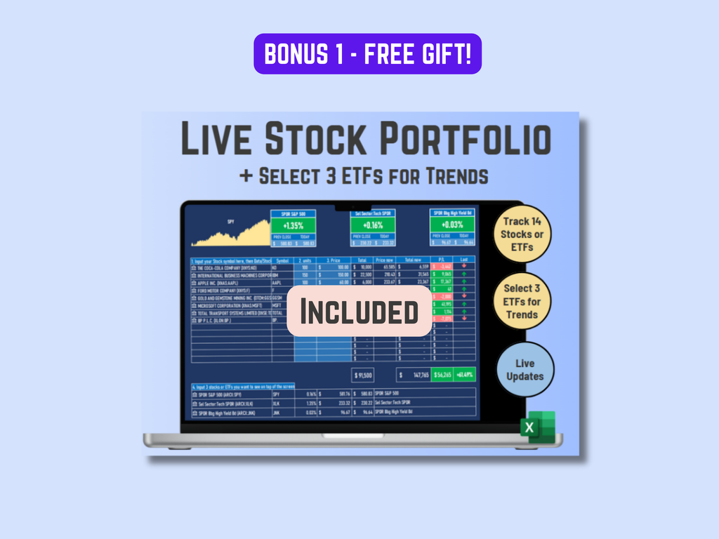 Professional Excel template for dividend stocks and ETF portfolios with automated summaries.