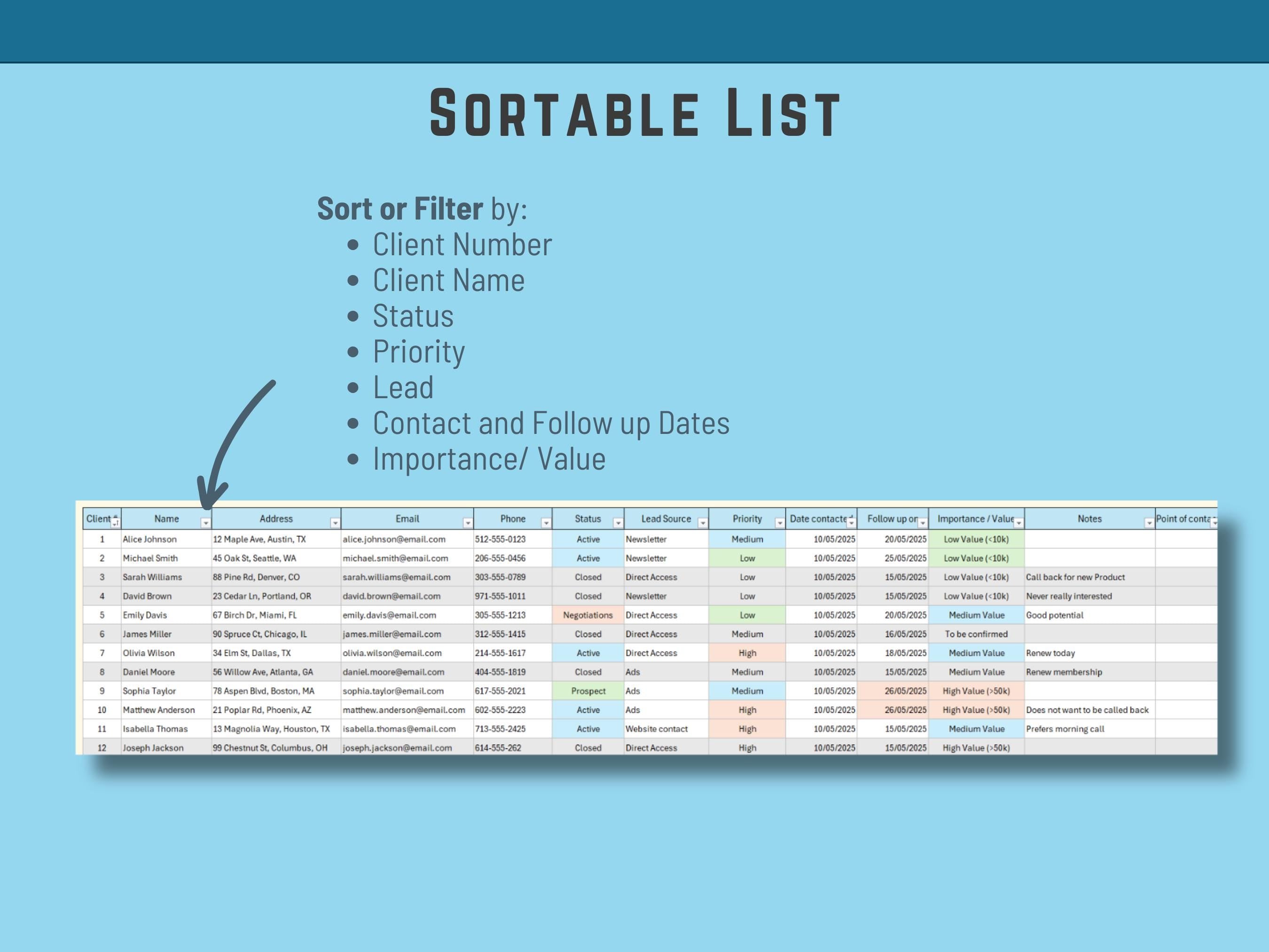 Client Register Excel Template | Automated Client Management Spreadsheet | CRM Tracker for Small Business | Follow-Up & Status Dashboard