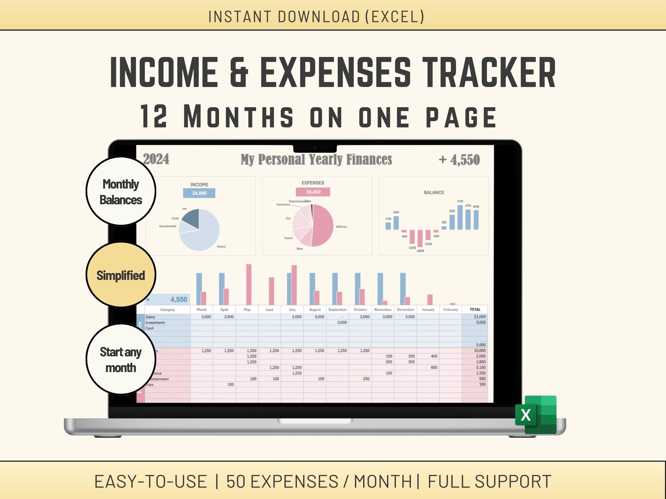 Excel Income and Expense Tracker: 12 Month Finance Template (Digital Download)