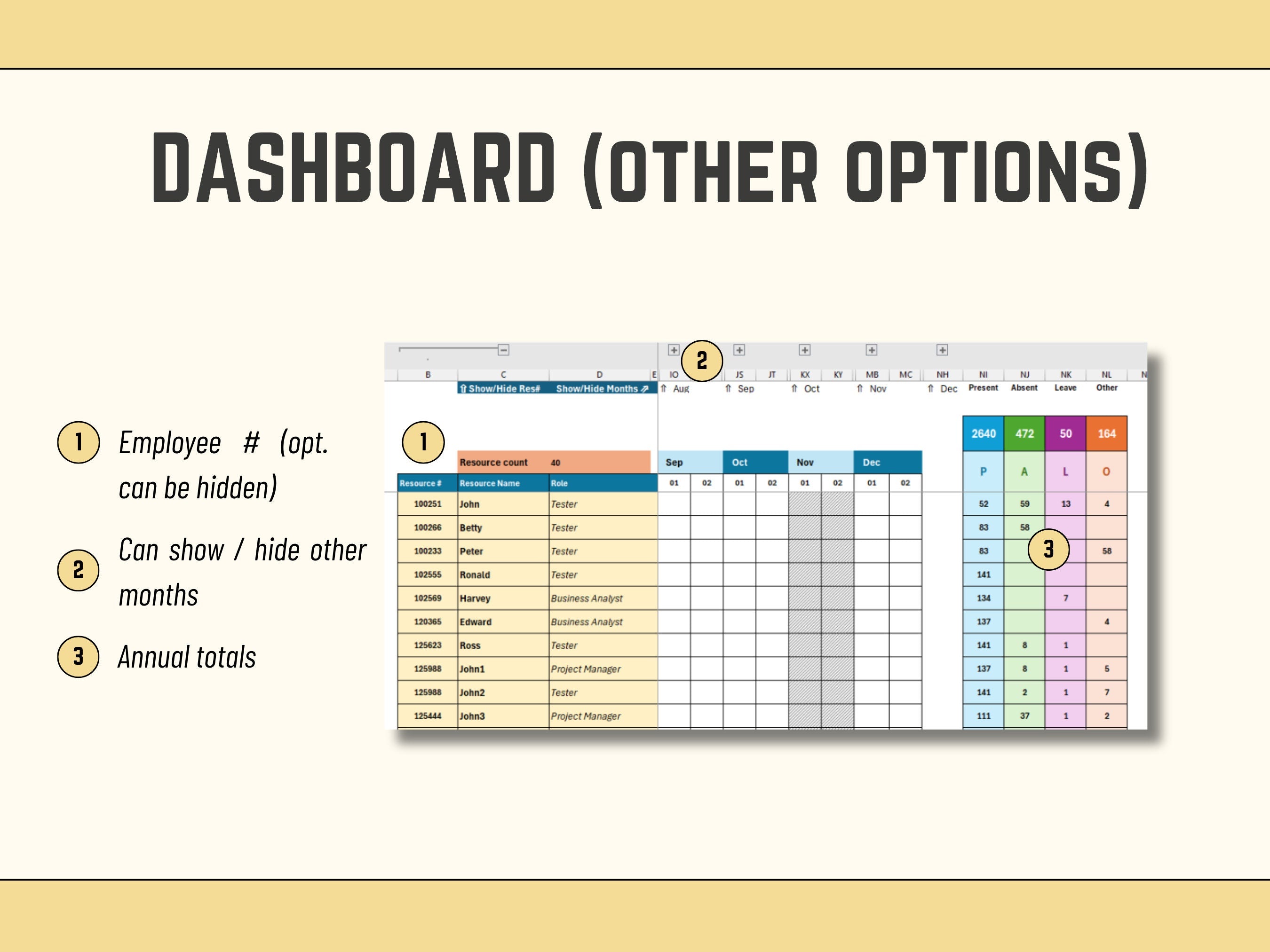 Automated Excel template for tracking employee leave, sickness, and training with customizable codes.