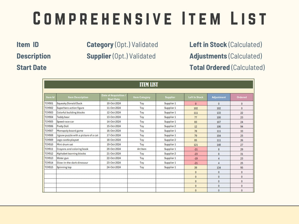 Professional Excel database for tracking item descriptions, suppliers, and purchase prices.