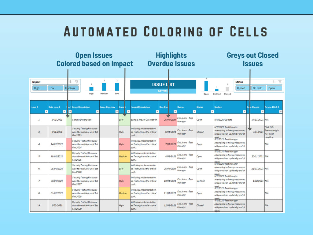 Visual progress chart for issue tracking within a professional Excel template.