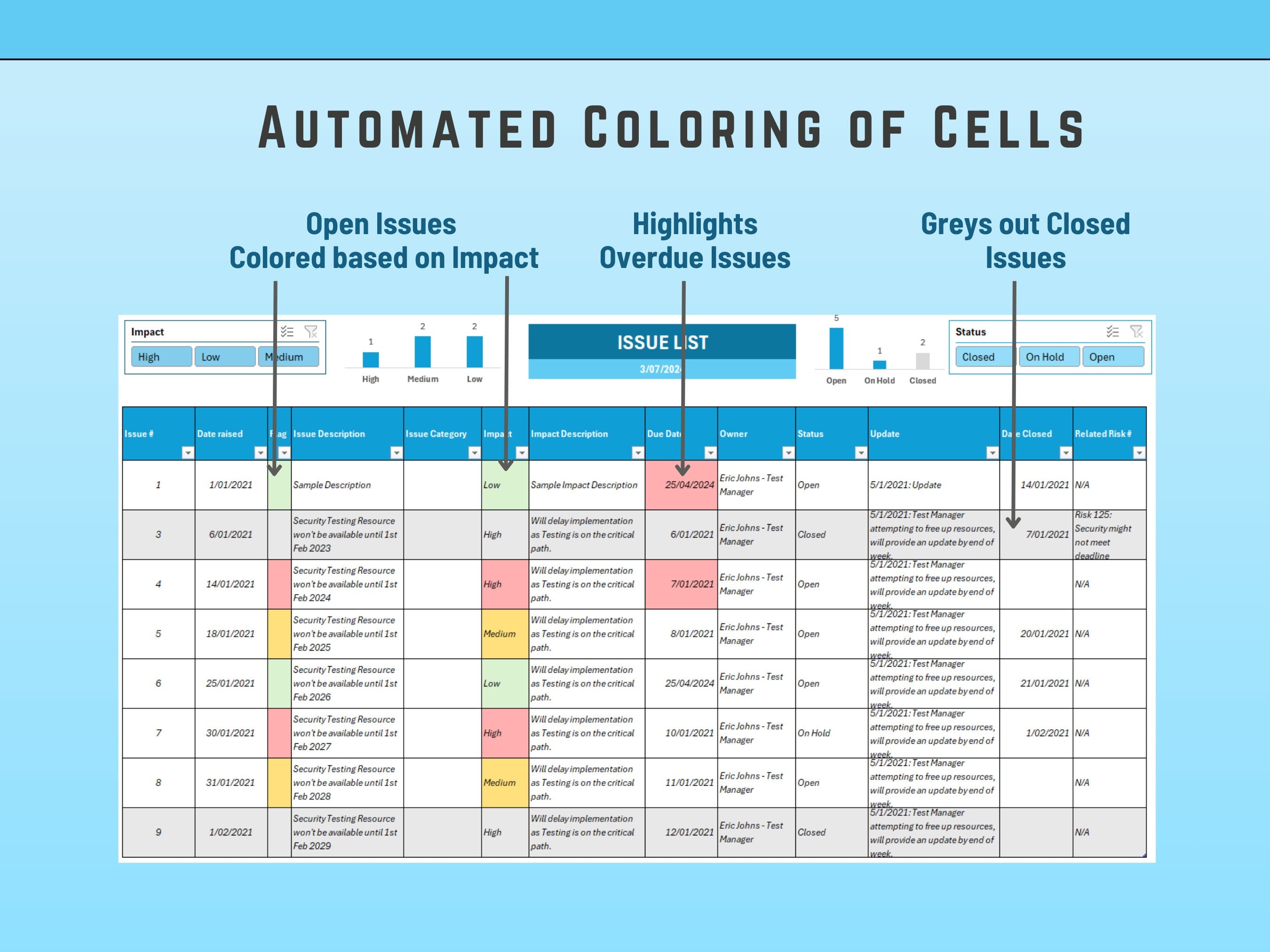 Visual progress chart for issue tracking within a professional Excel template.