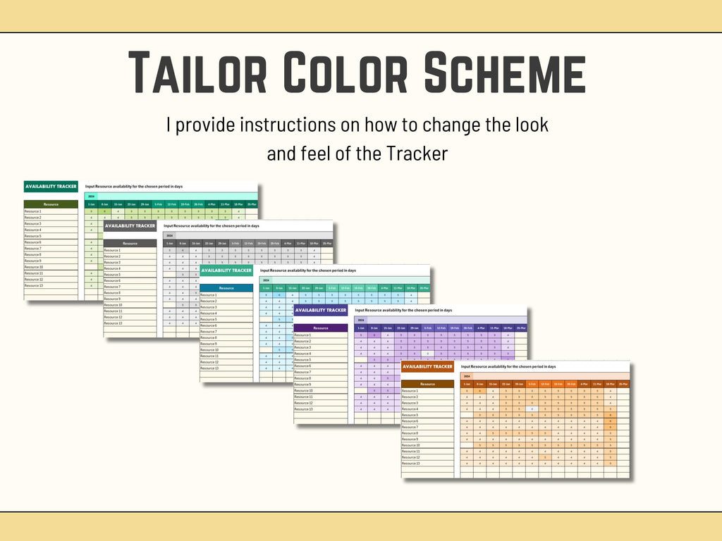 Visual Excel charts designed to align team availability with project deadlines and shipping schedules.