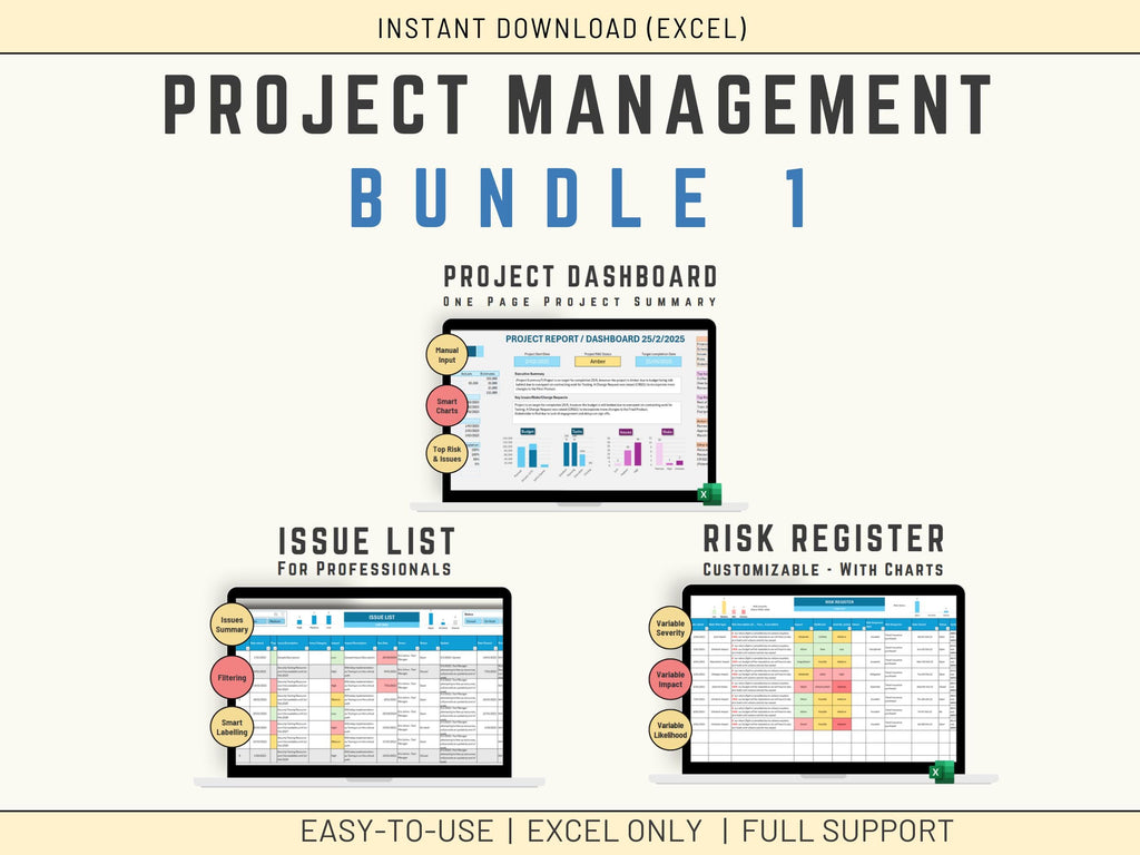 Automated Excel project manager dashboard featuring visual project tracking and key metrics.