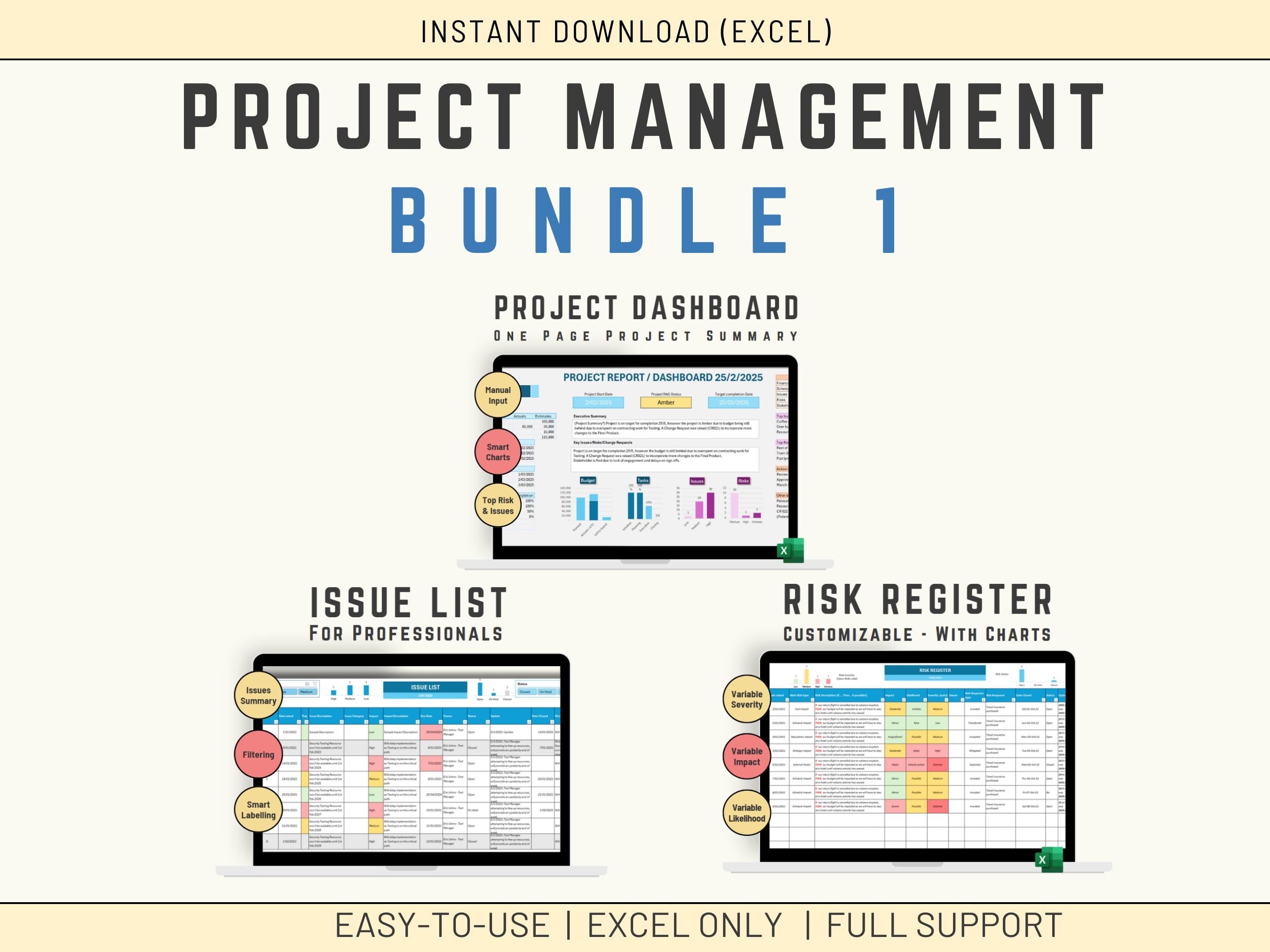 Automated Excel project manager dashboard featuring visual project tracking and key metrics.