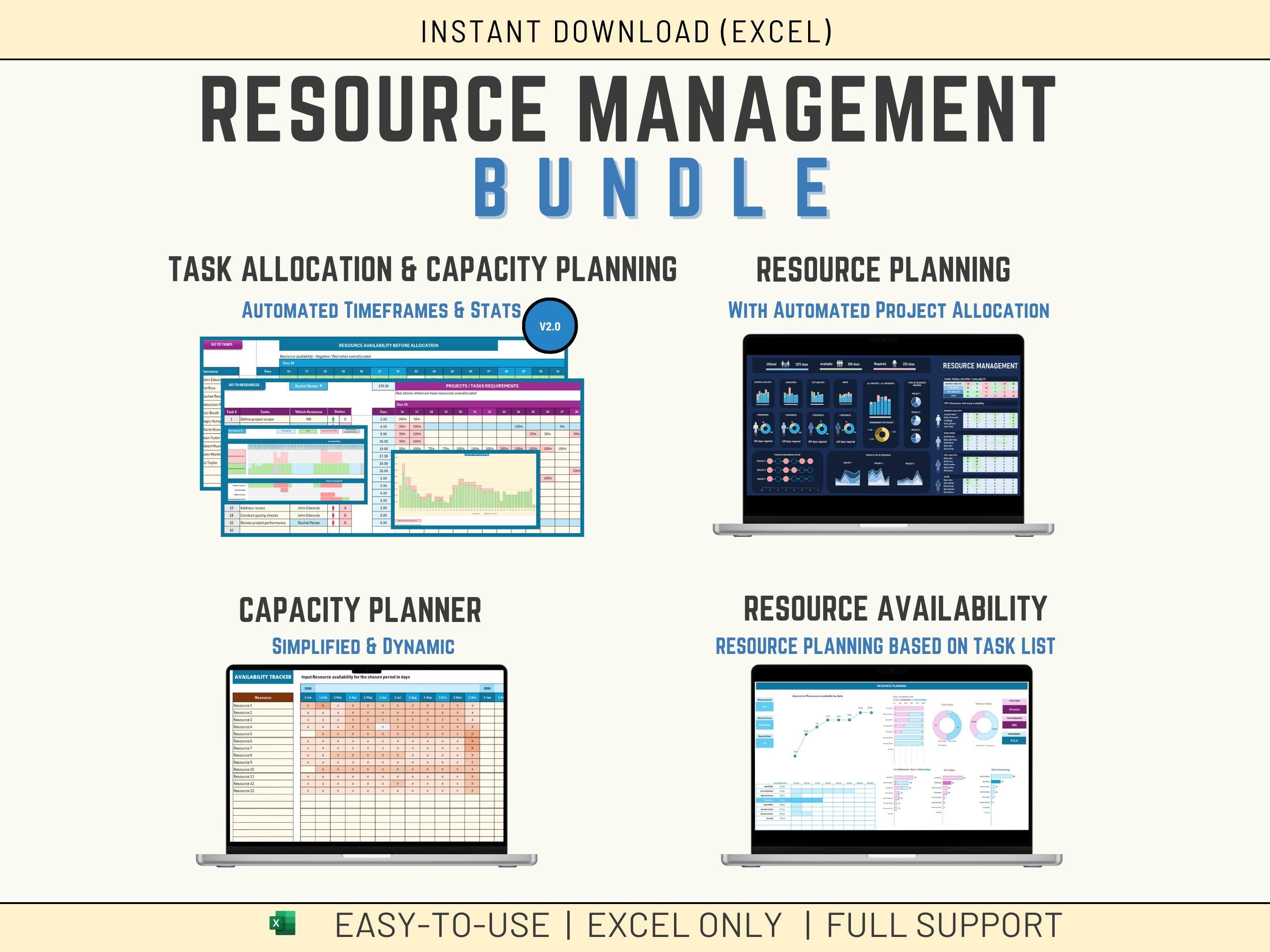 A professional Excel Resource Management bundle dashboard featuring automated project allocation and timeframes as shown in Resource Management bundle.