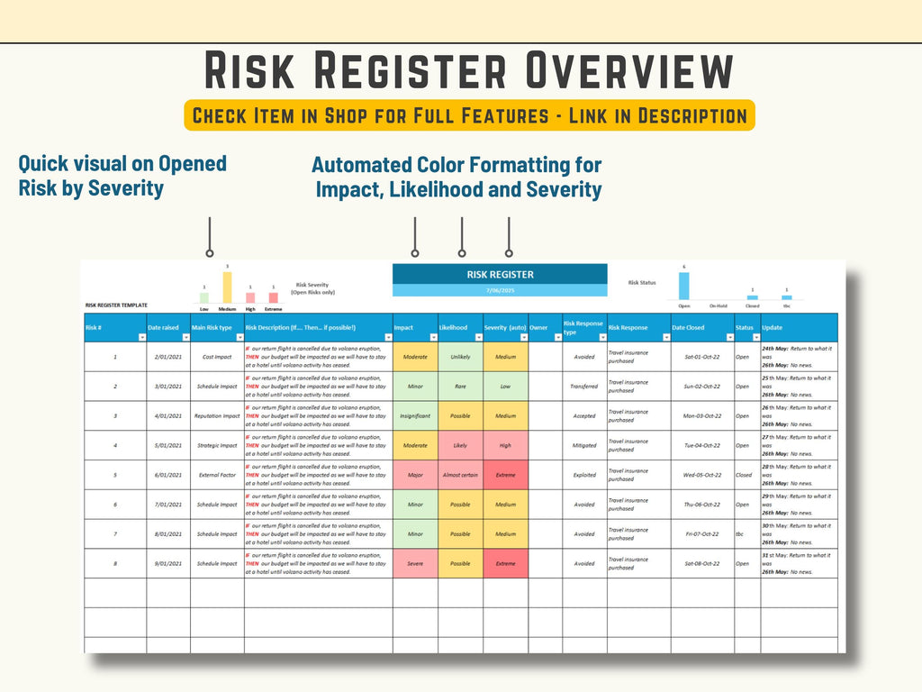 Professional Excel risk register template for identifying and documenting potential project challenges.