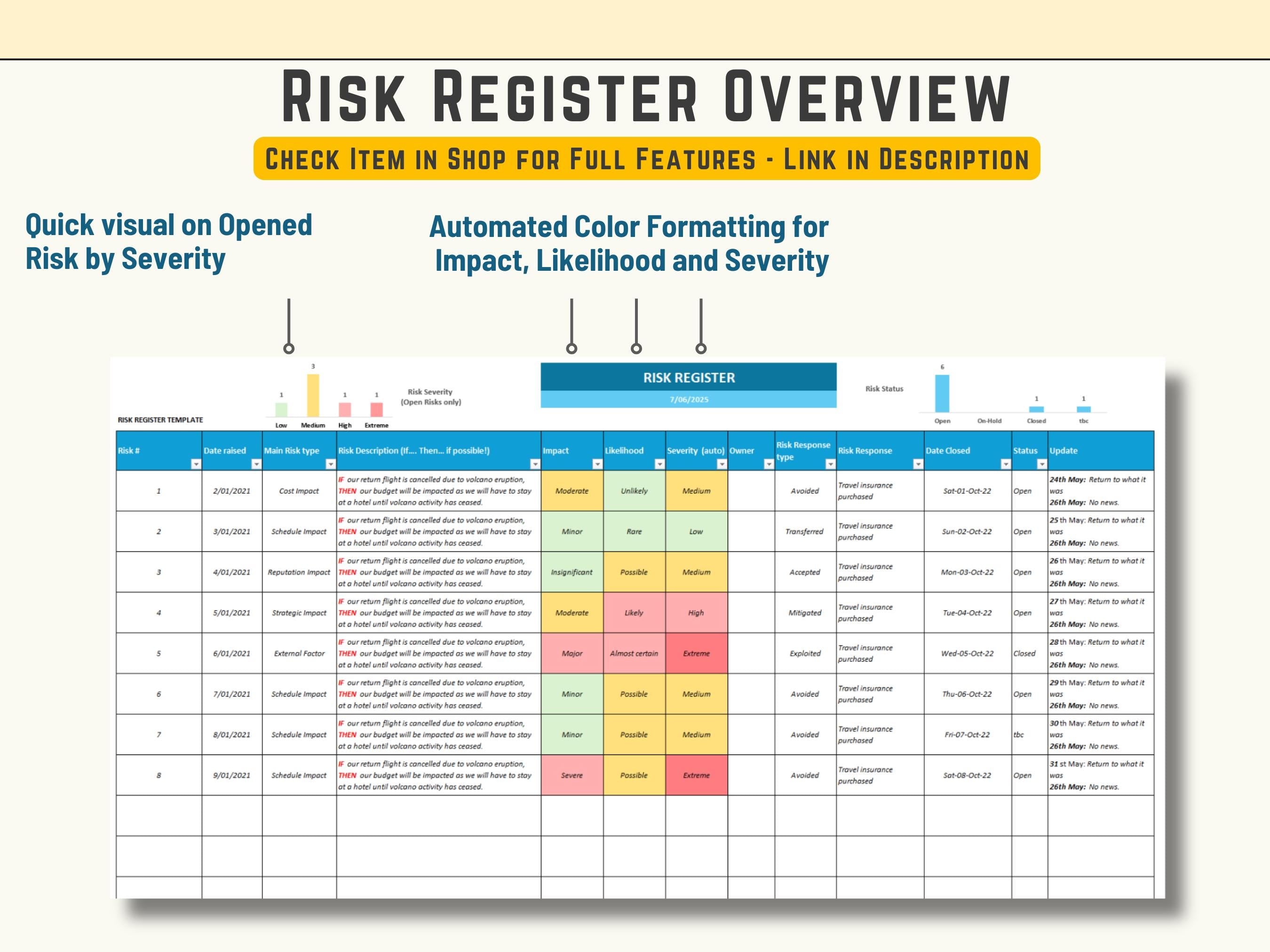 Professional Excel risk register template for identifying and documenting potential project challenges.