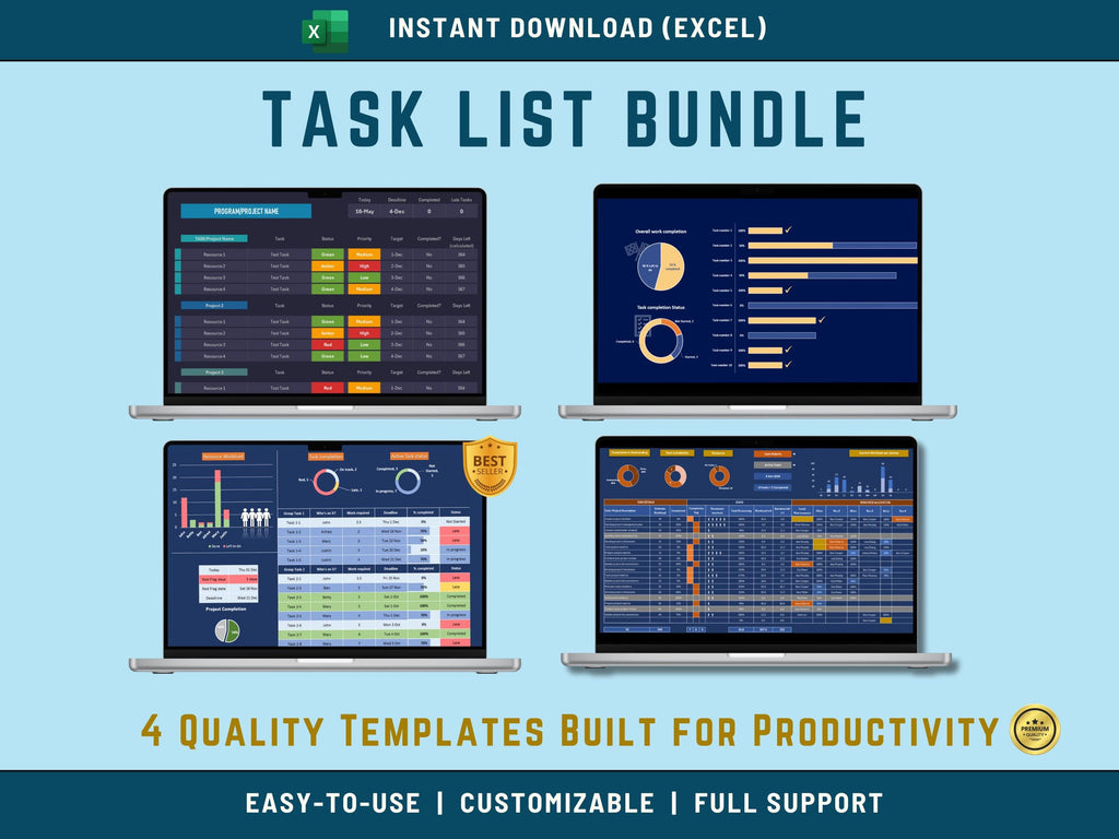 Comprehensive Excel task list bundle dashboard showing four professional management templates.