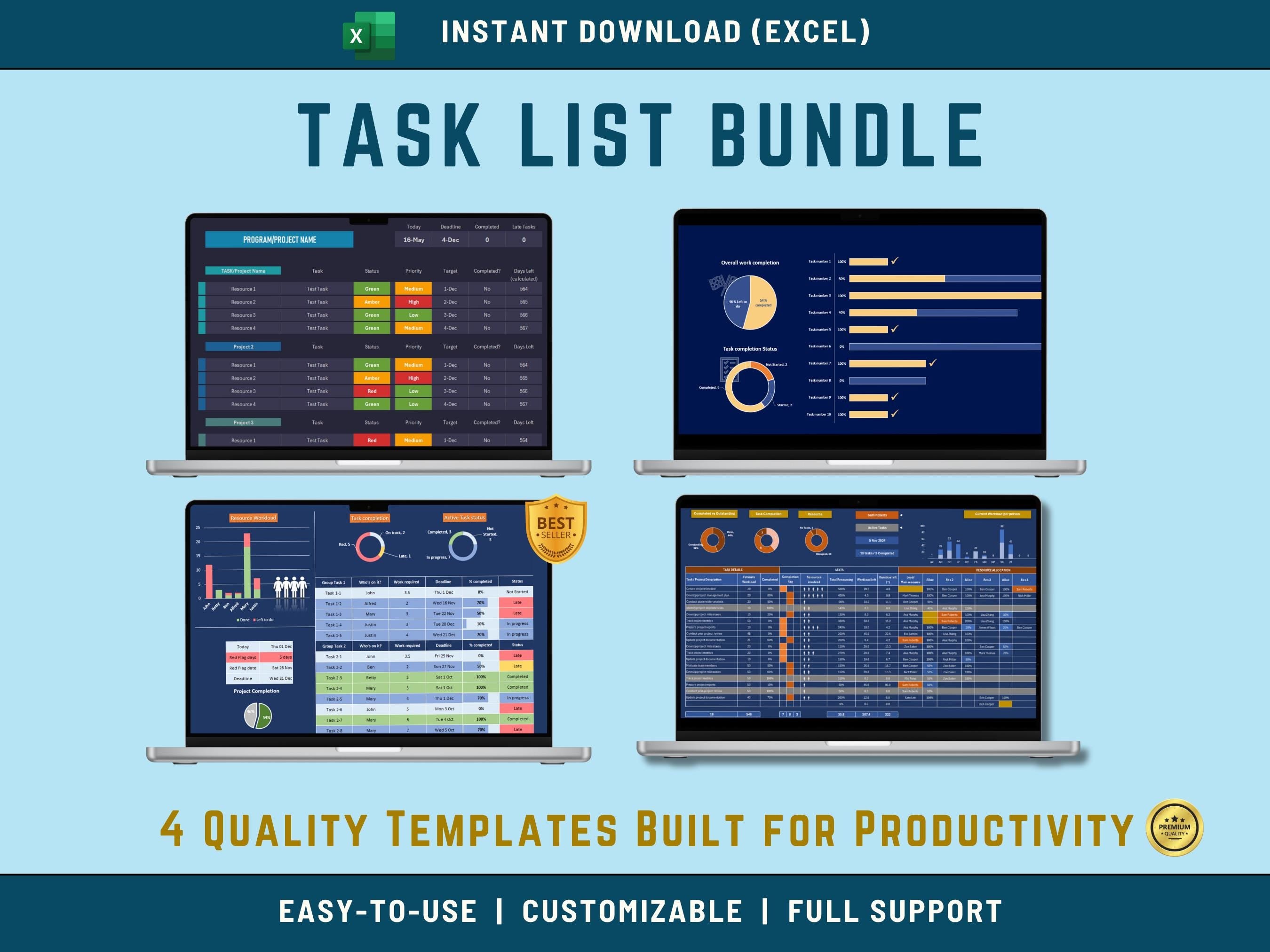 Comprehensive Excel task list bundle dashboard showing four professional management templates.