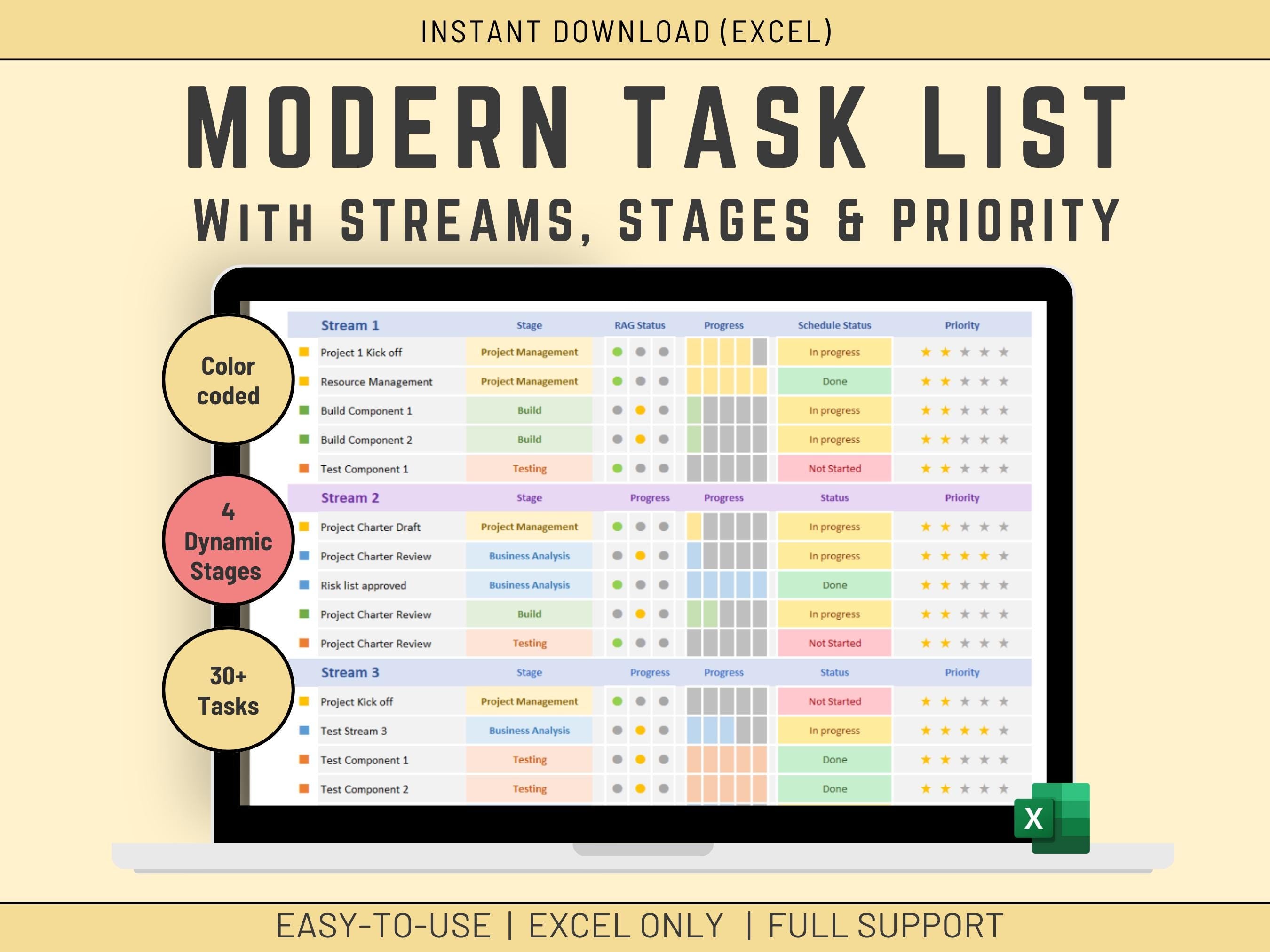 Automated Excel task tracking dashboard with RAG status and visual progress stats.