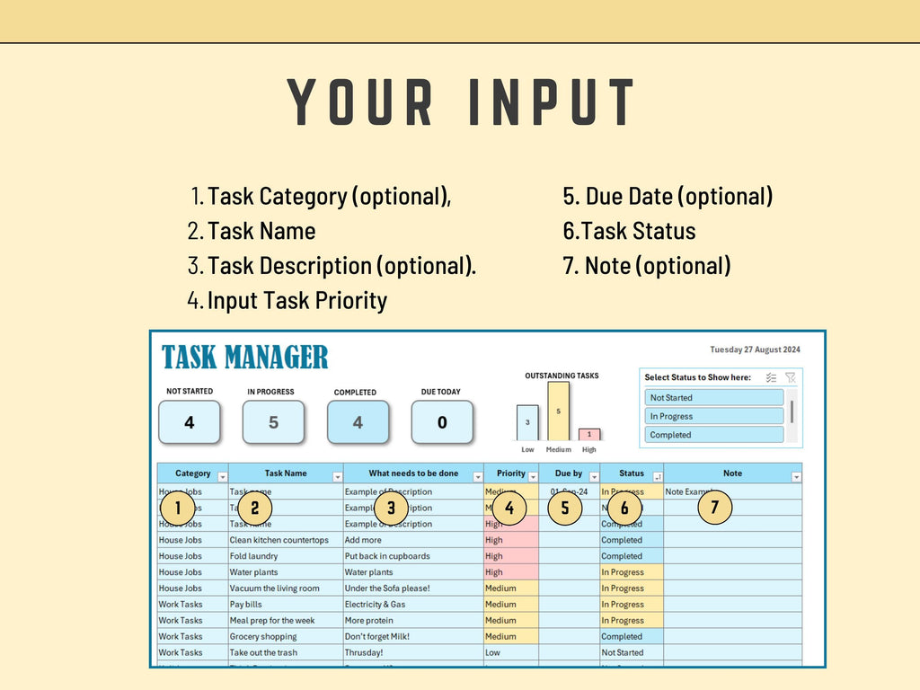 Digital Excel task manager utilizing a smart slicer for status-based filtering.