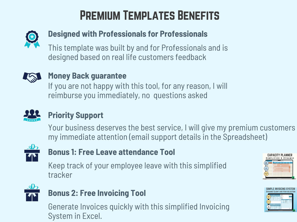 excel Premium Templates Benefits text on a white background