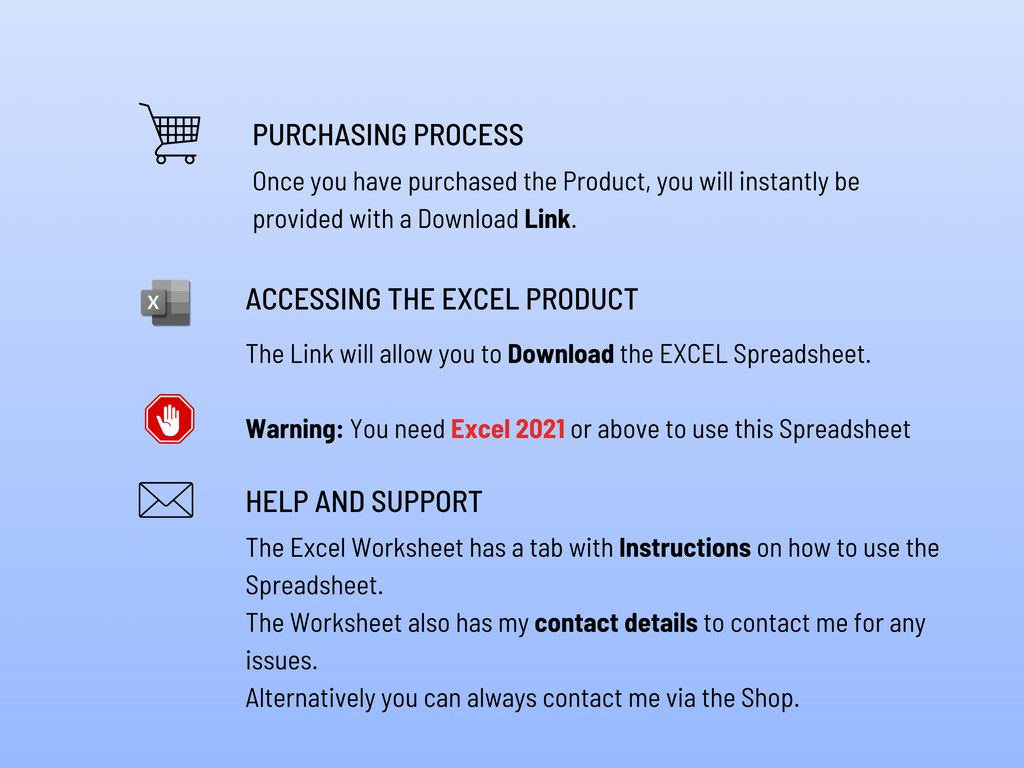 Instructions for accessing an Excel product with a download link on a blue background