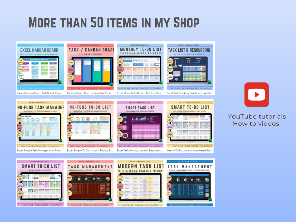 Promotional graphic for a Excel digital product shop with various task management templates on a blue background.