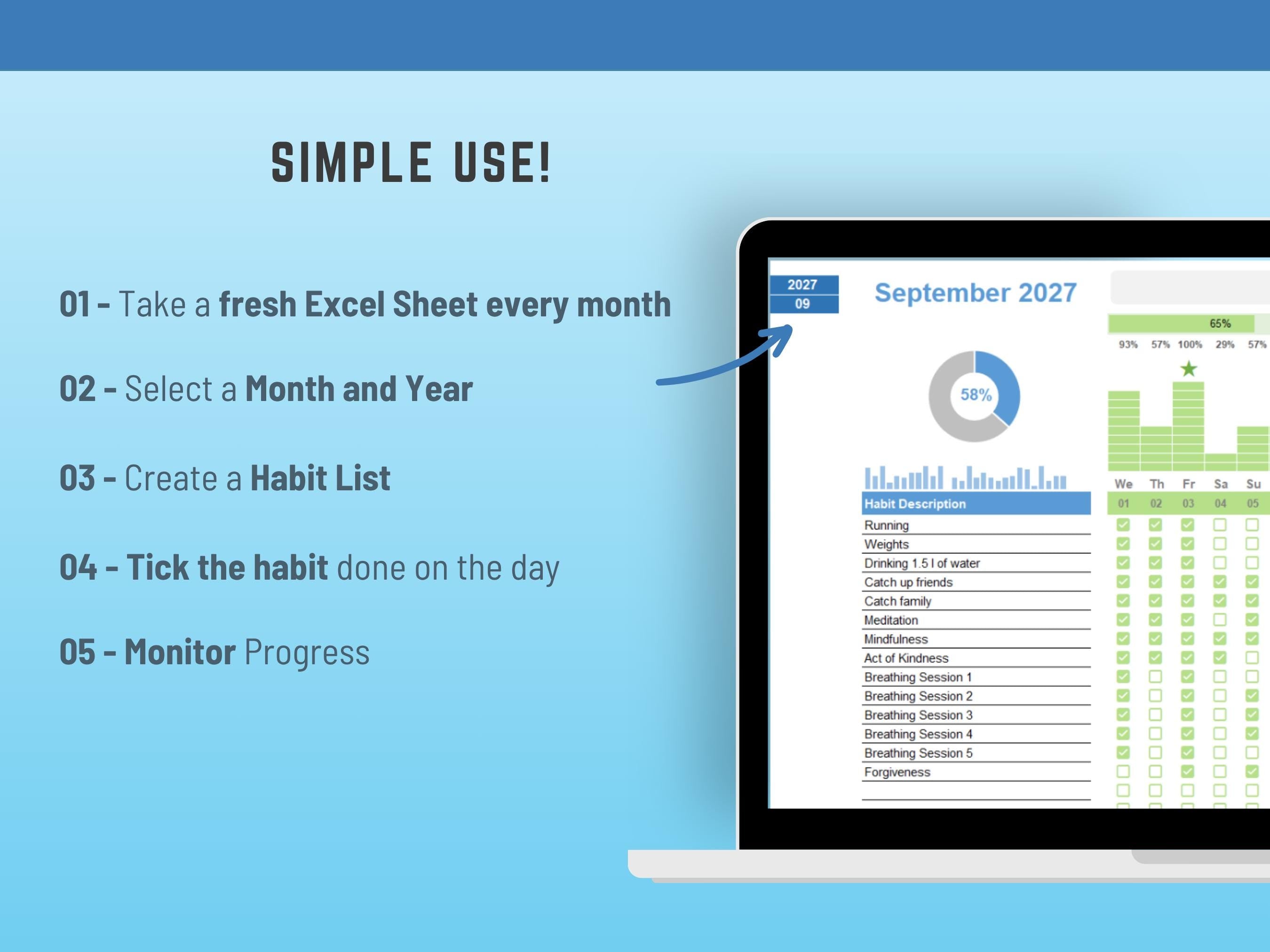 Monthly Excel Habit Tracker Template – Color-Coded, 20 Habits, Stats & Progress Overview, Digital Instant download, Log Tasks and ToDo Lists