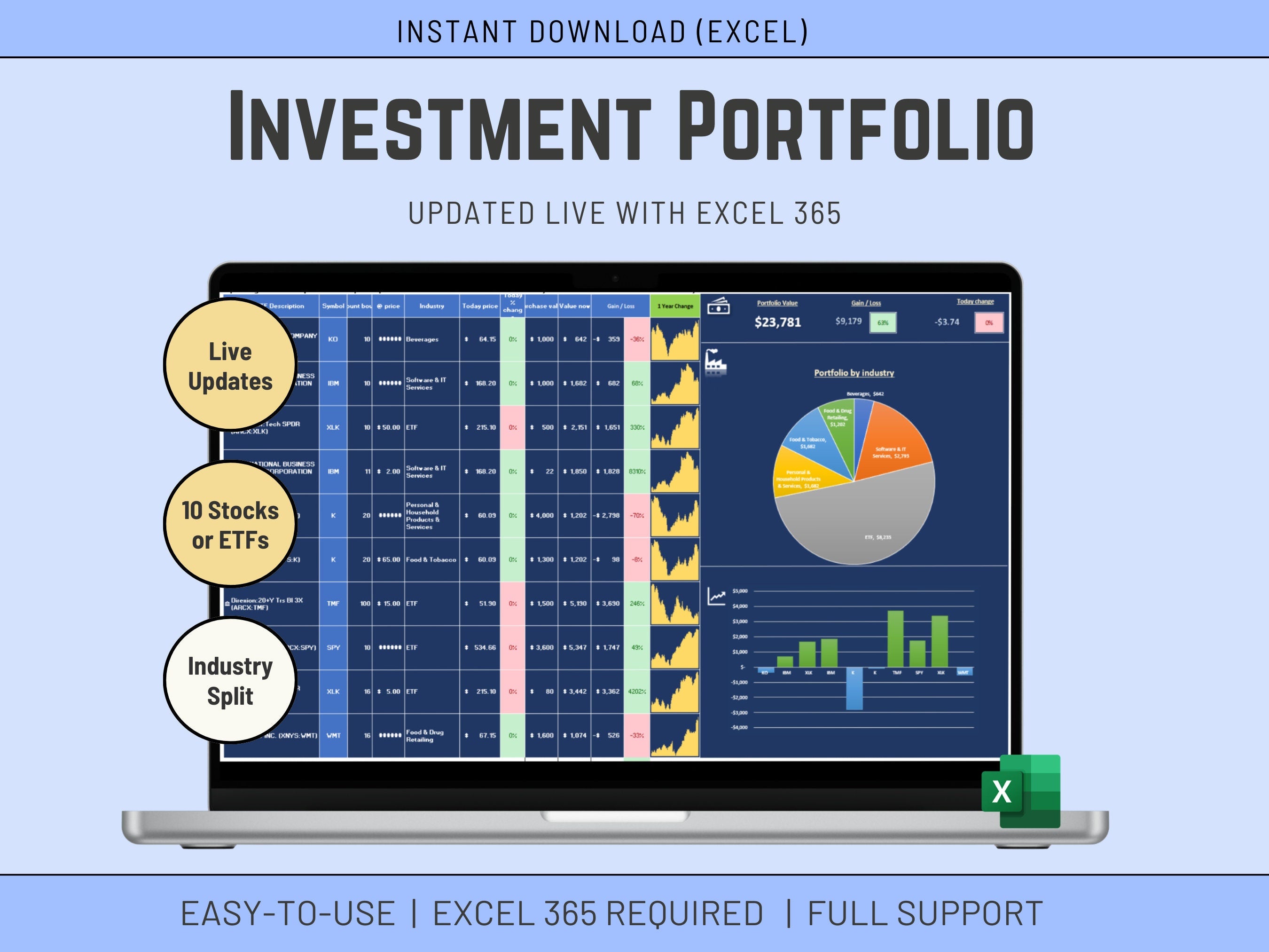 Stock/ETF Portfolio Management Template in Excel, Live updates Stock Market, Instant Download, Trading & Performance, Investment Management