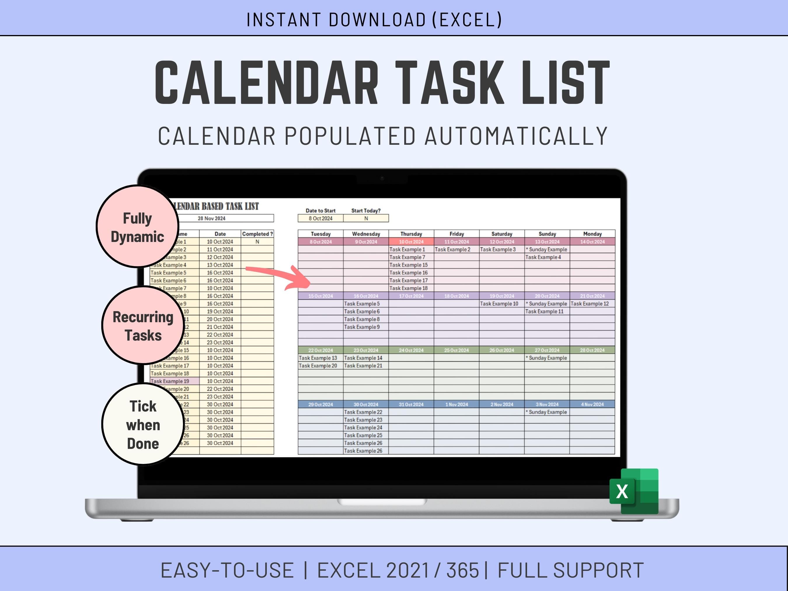 Excel Calendar Based Task List, Task Management Automated, Download Template, Task Tracker and To-Do List, Productivity and Project Mgt