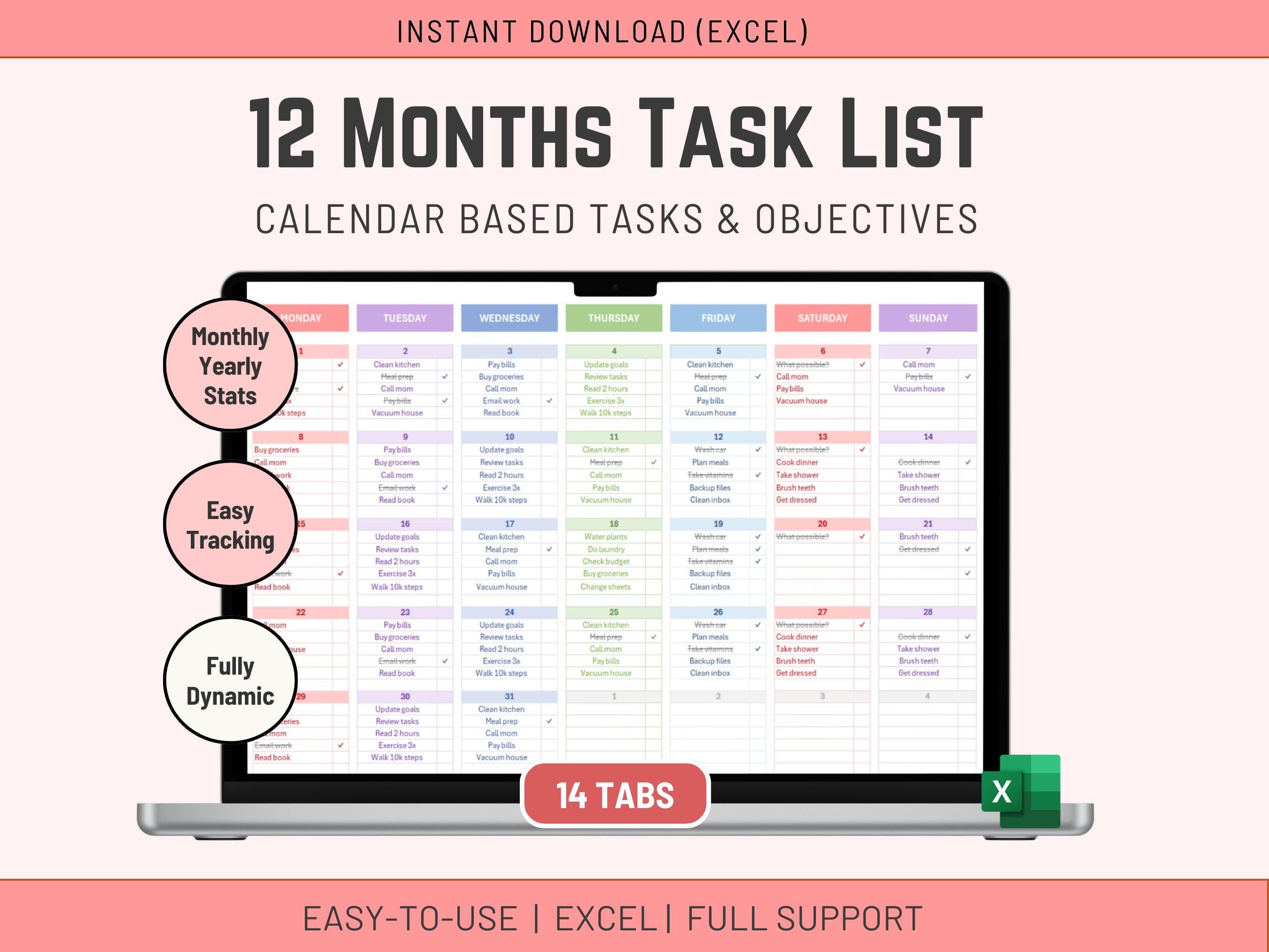 Digital 12 Monthly Planner & Goal Tracker, Excel Template Spreadsheet, Annual Planning System, Customizable Calendar, Instant Download 2025+