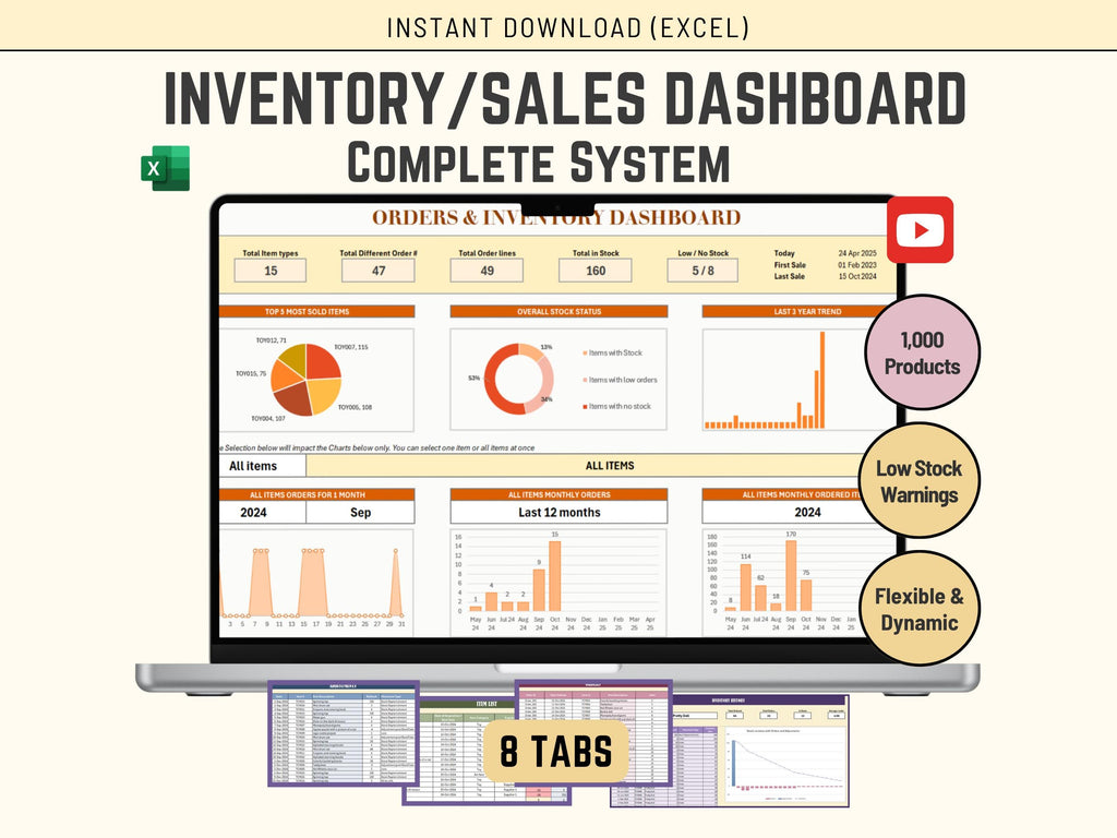 Automated inventory management dashboard in Excel featuring real-time stock levels and sales charts.