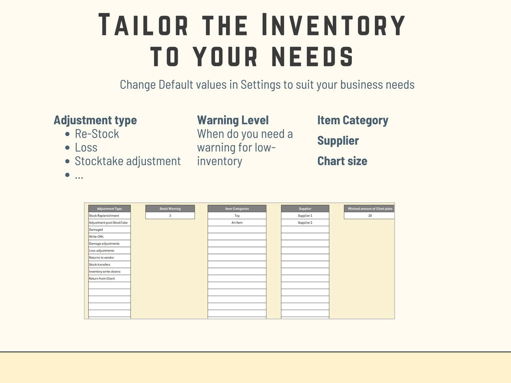 Inventory management software interface with customizable options 