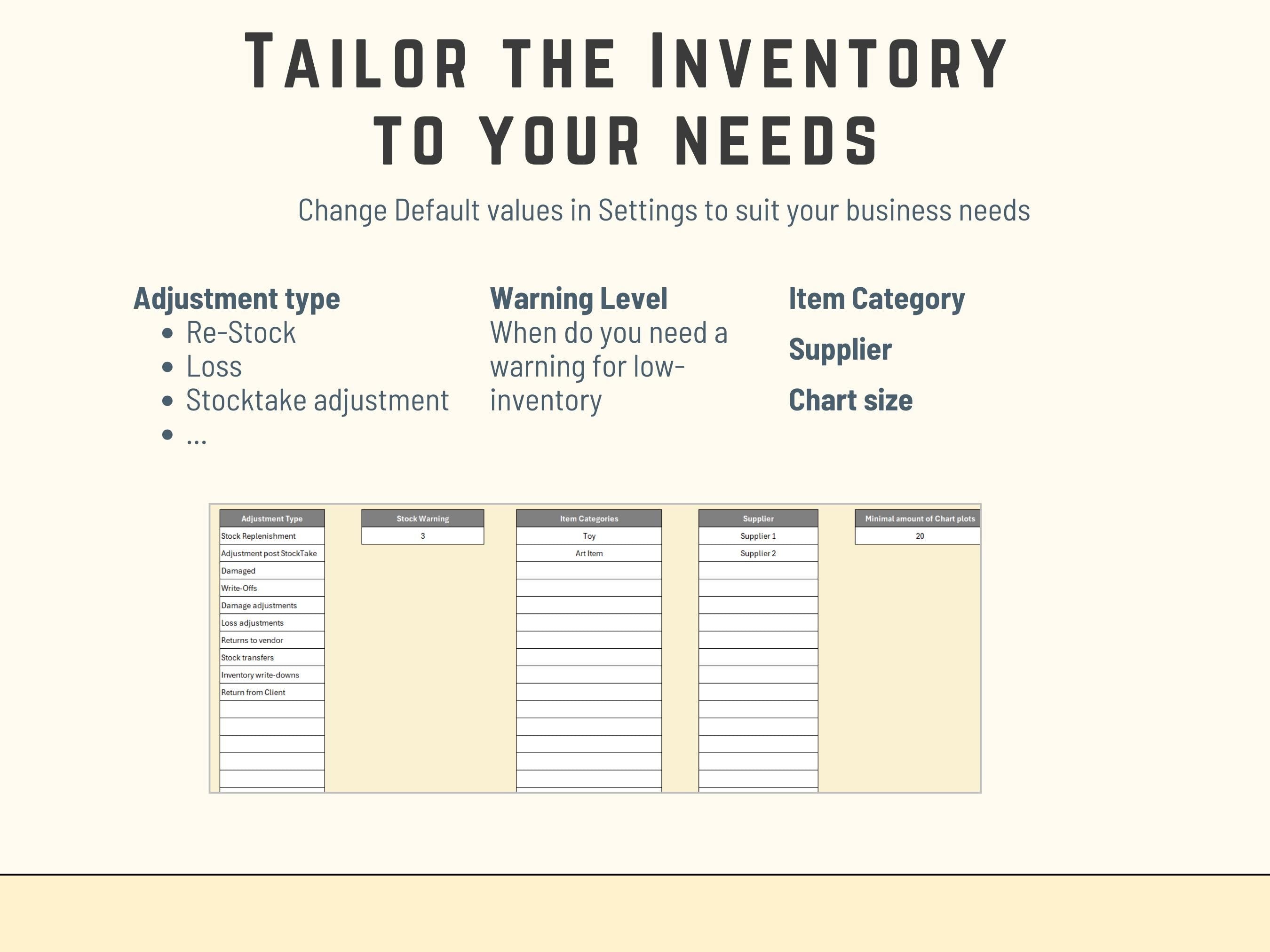 Inventory management software interface with customizable options 