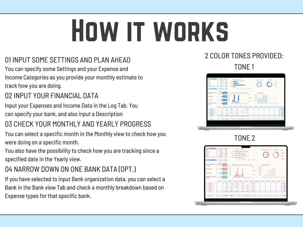 Money management Excel template showing automated dashboard with monthly and yearly stats.