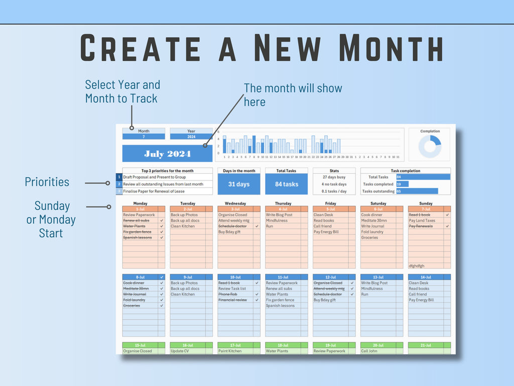 Perpetual Excel habit tracker dashboard for long-term goal setting and historical task data.
