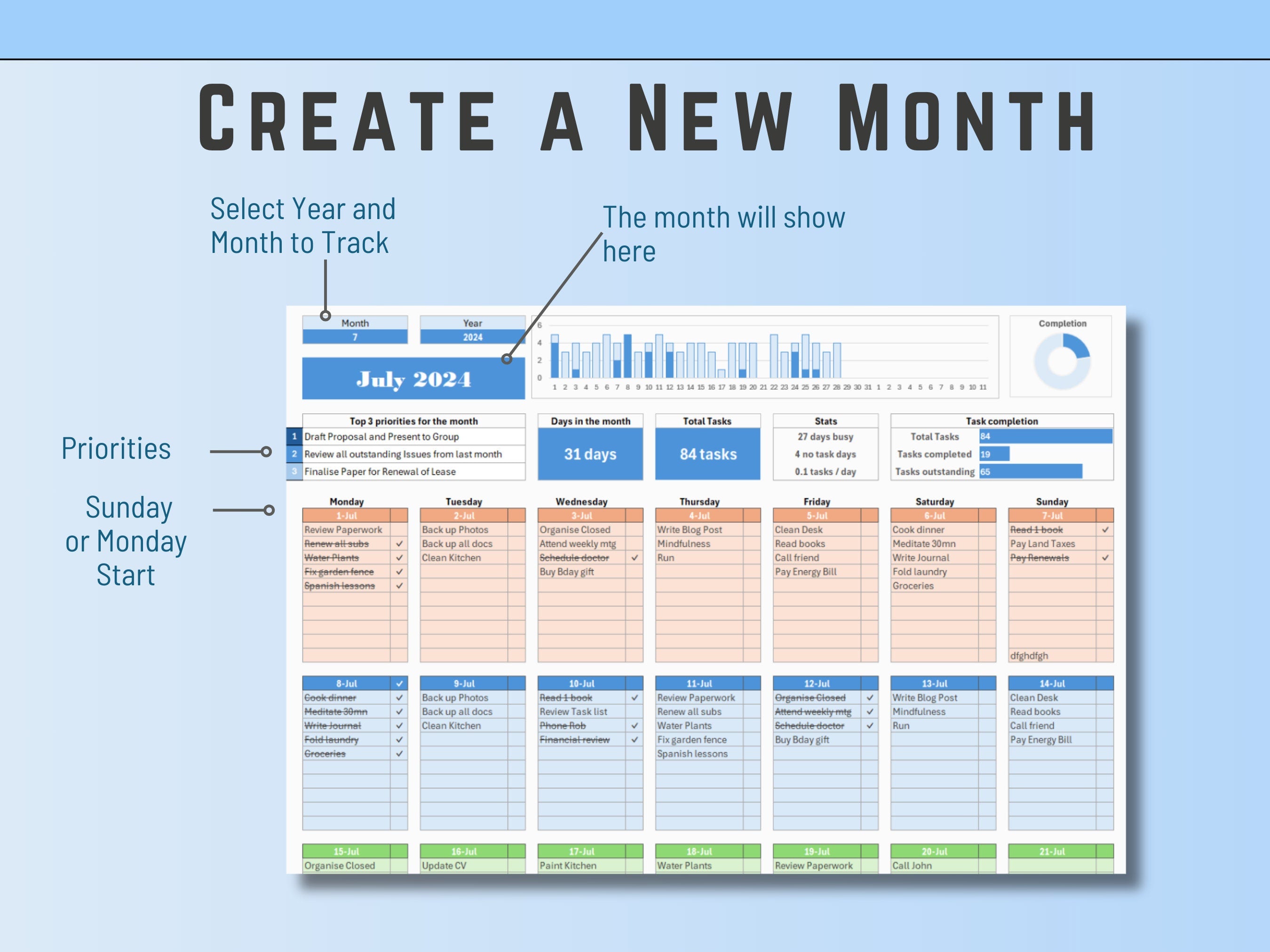 Perpetual Excel habit tracker dashboard for long-term goal setting and historical task data.